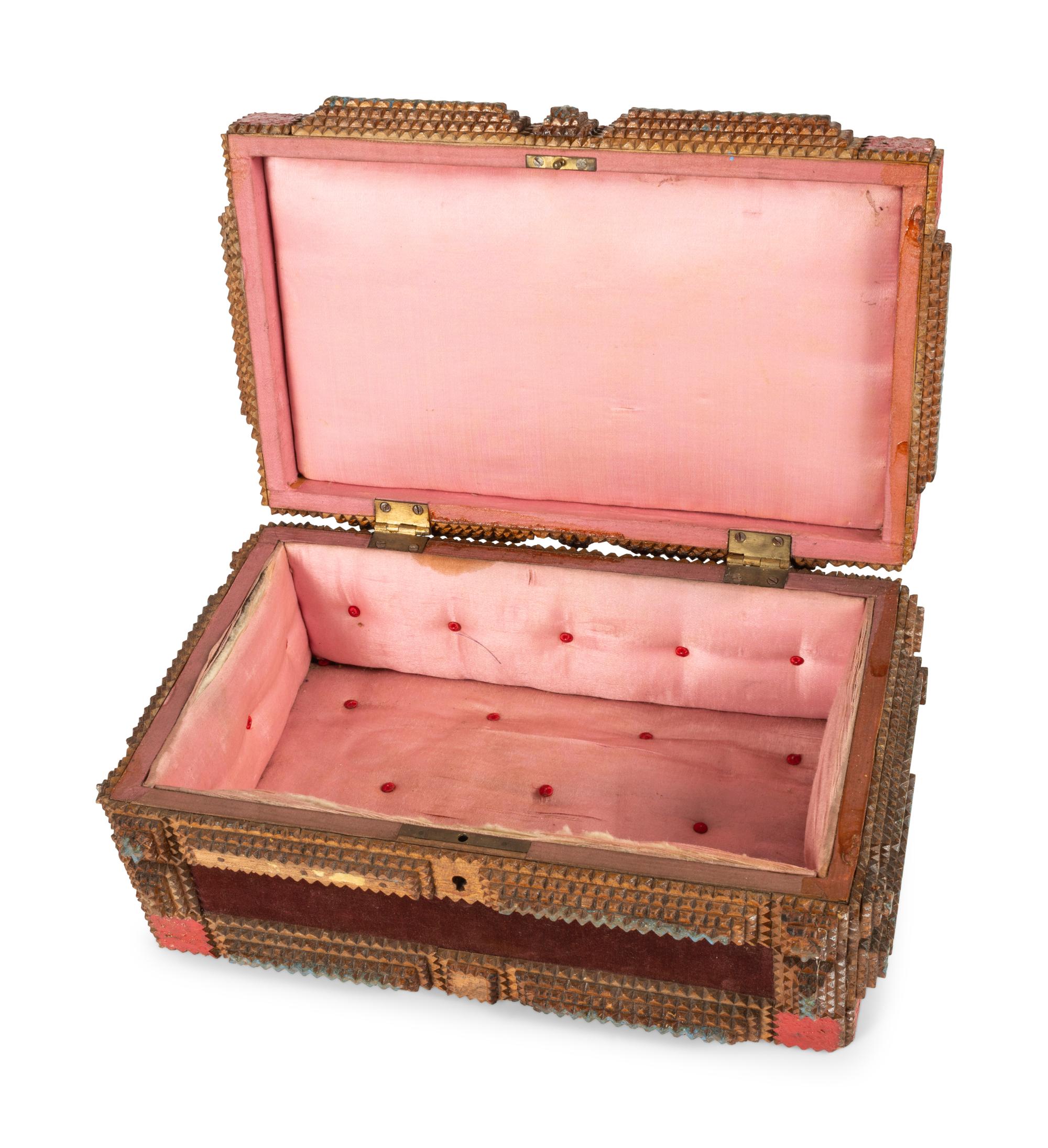 A Painted Wood and Velvet Tramp Art Box
