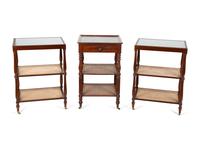 A Group of Three French Mahogany Marble Top Side Tables with Tiered Canework Shelves — EARLY 20TH CENTURY