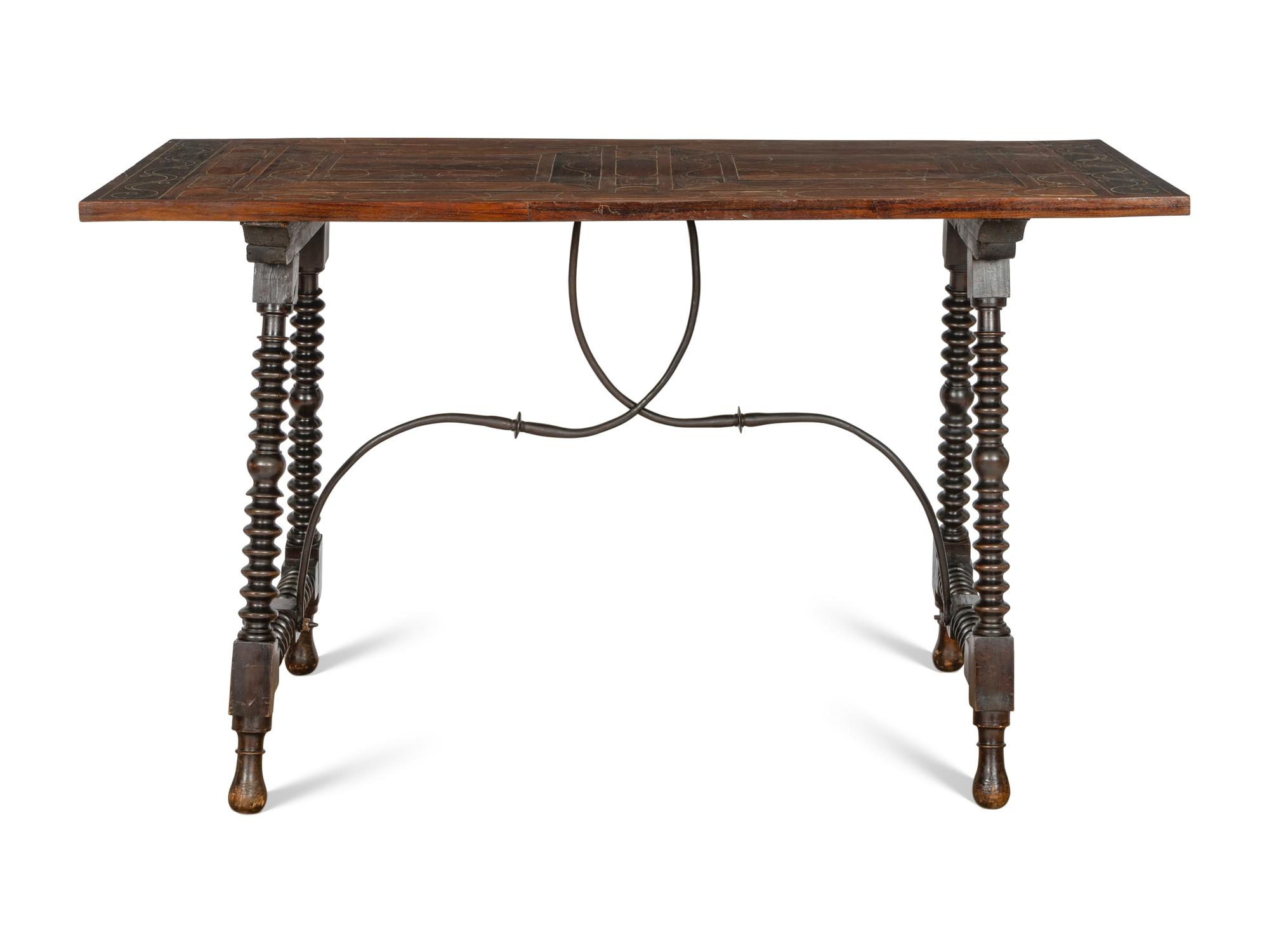 A Spanish Baroque Walnut Line-Inlaid Trestle Table
