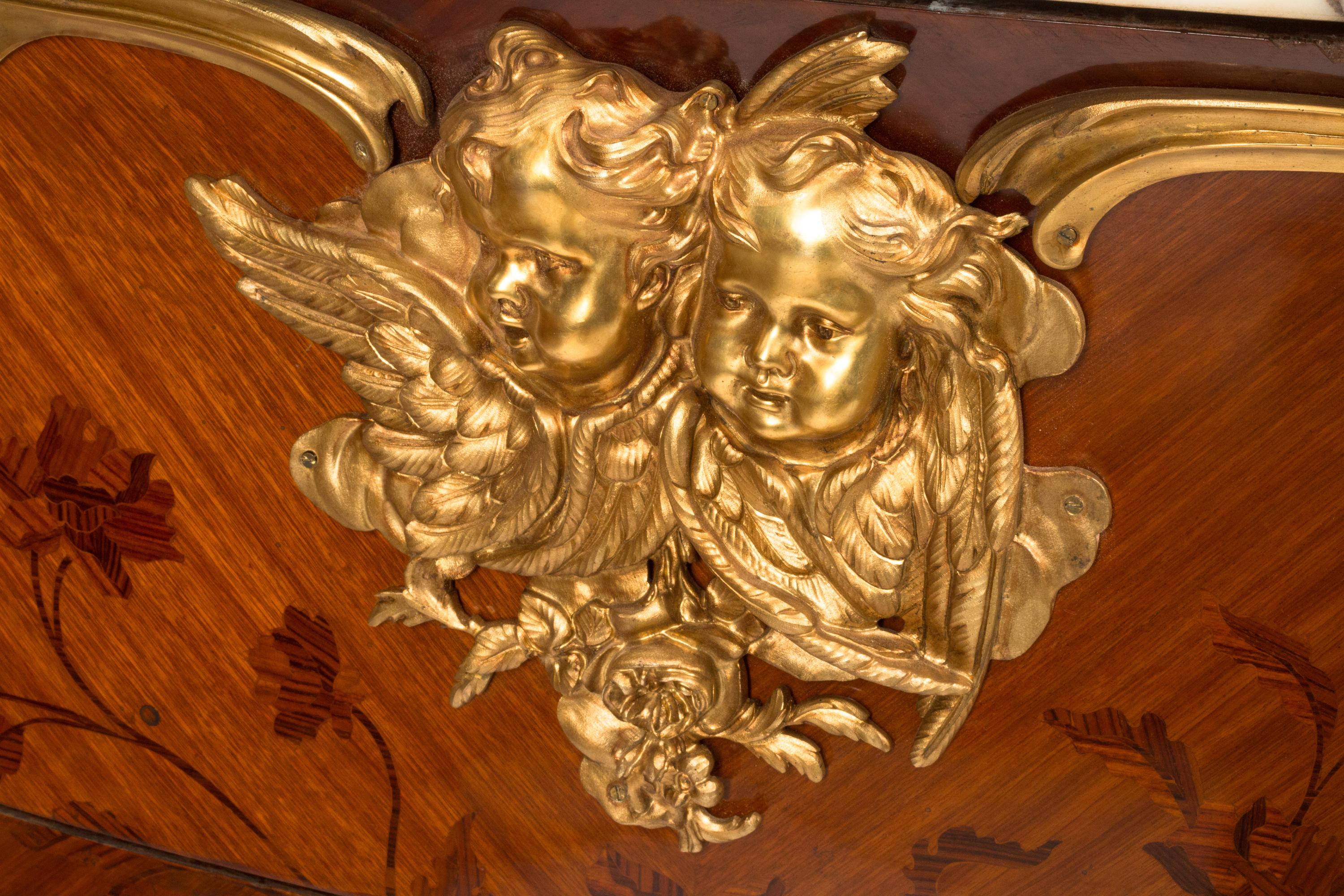 A Pair of Louis XV Style Gilt Bronze Mounted Marquetry Marble-Top Commodes