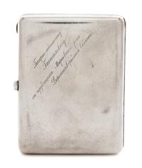 A Russian Silver Cigarette Case, Moscow, early 20th century, the case with raised decoration of Mother Russia personified with symbols