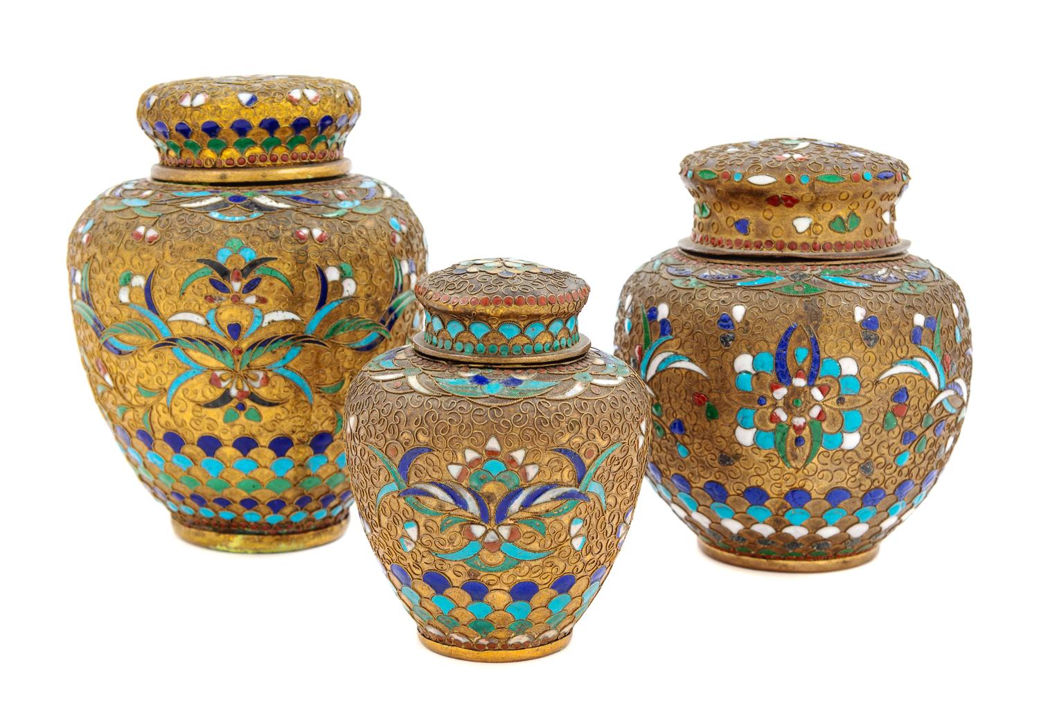 Three Chinese Gilt Metal and Cloisonne Covered Jars Height of tallest 5 1/4 inches. — 19TH CENTURY