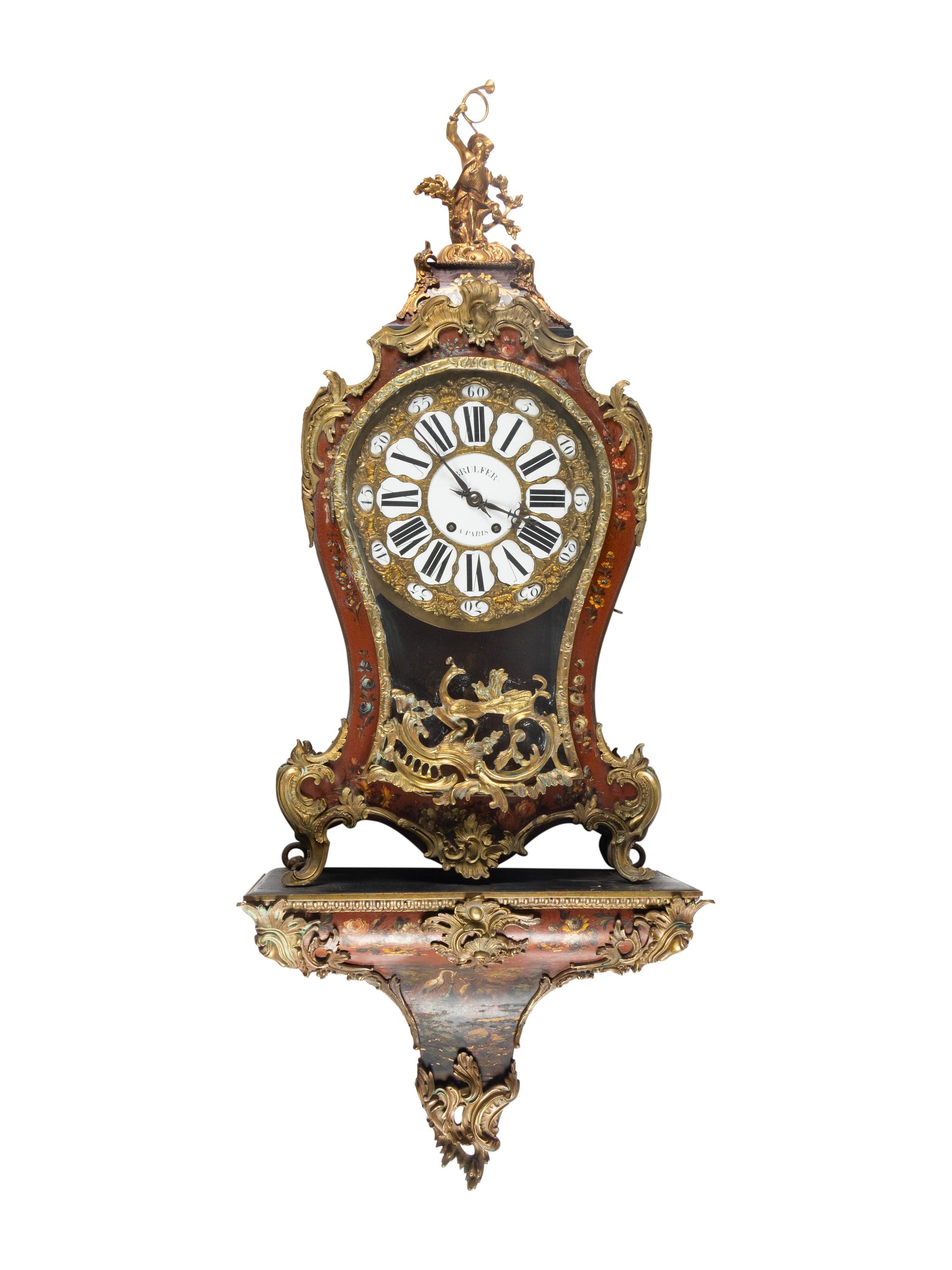 A Louis XV Style Gilt Bronze Mounted Painted Clock and Bracket