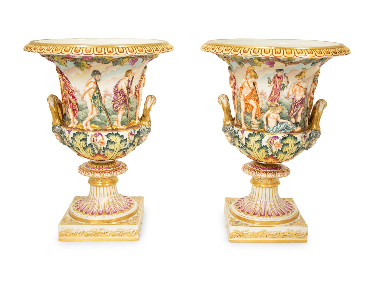 A Pair of Capodimonti Campana-Form Relief Molded Urns — 19TH CENTURY