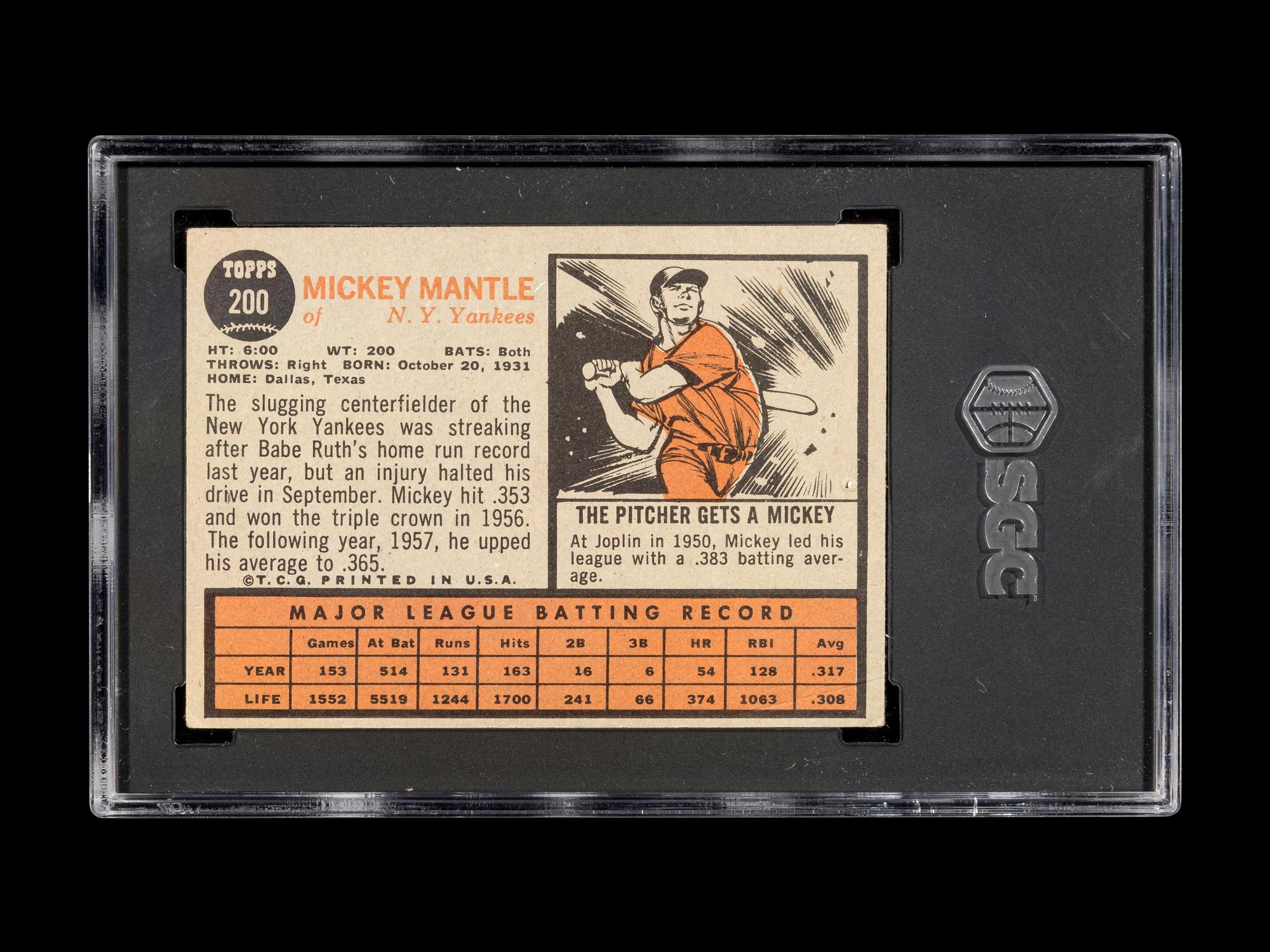 A 1962 Topps Mickey Mantle Baseball Card No. 200 (SGC 1)
