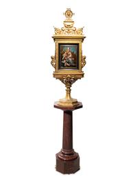 A French Gilt Bronze Double-Sided Tabernacle Encasing Two Enameled Plaques on Marble Pedestal