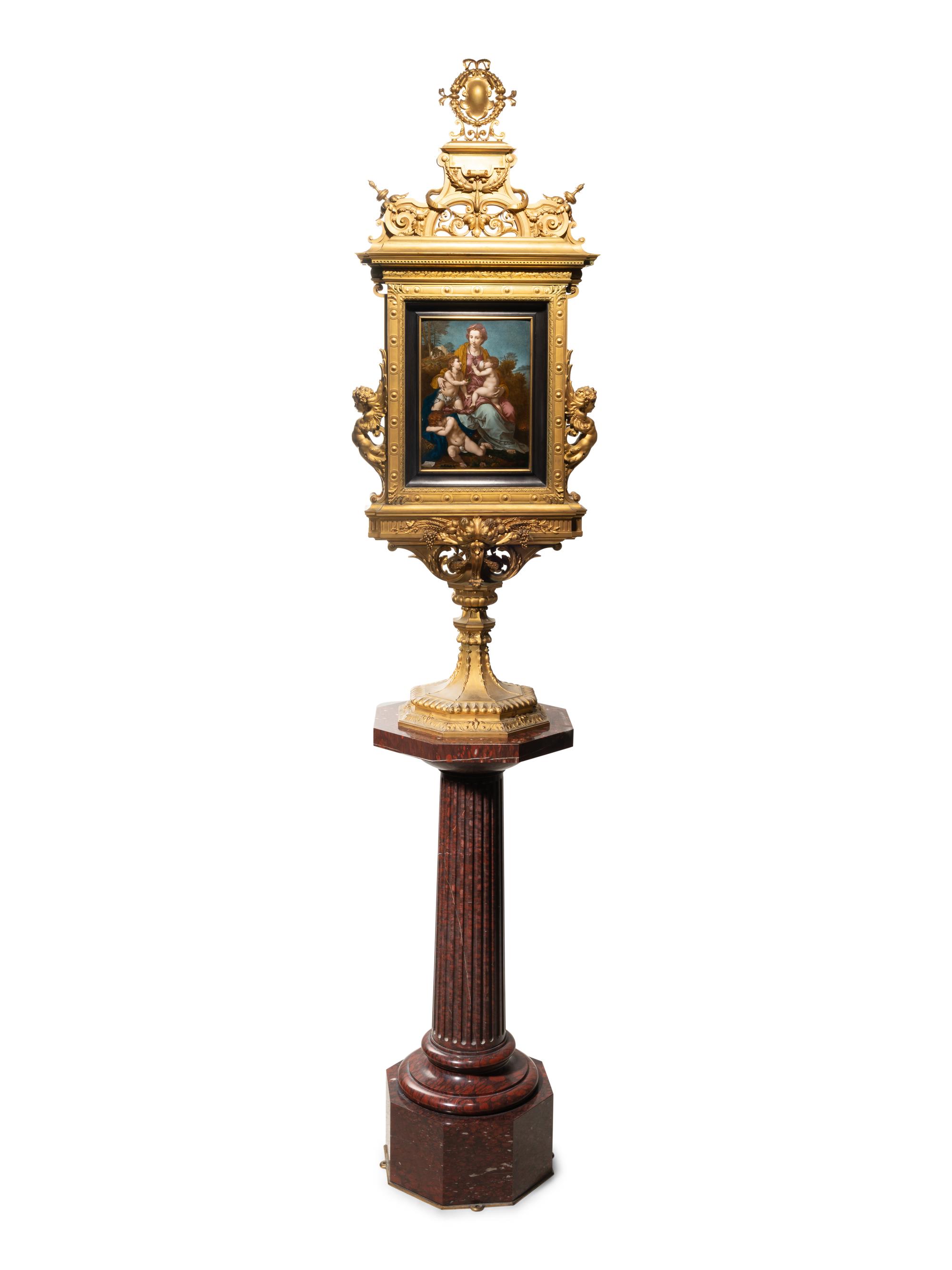 A French Gilt Bronze Double-Sided Tabernacle Encasing Two Enameled Plaques on Marble Pedestal