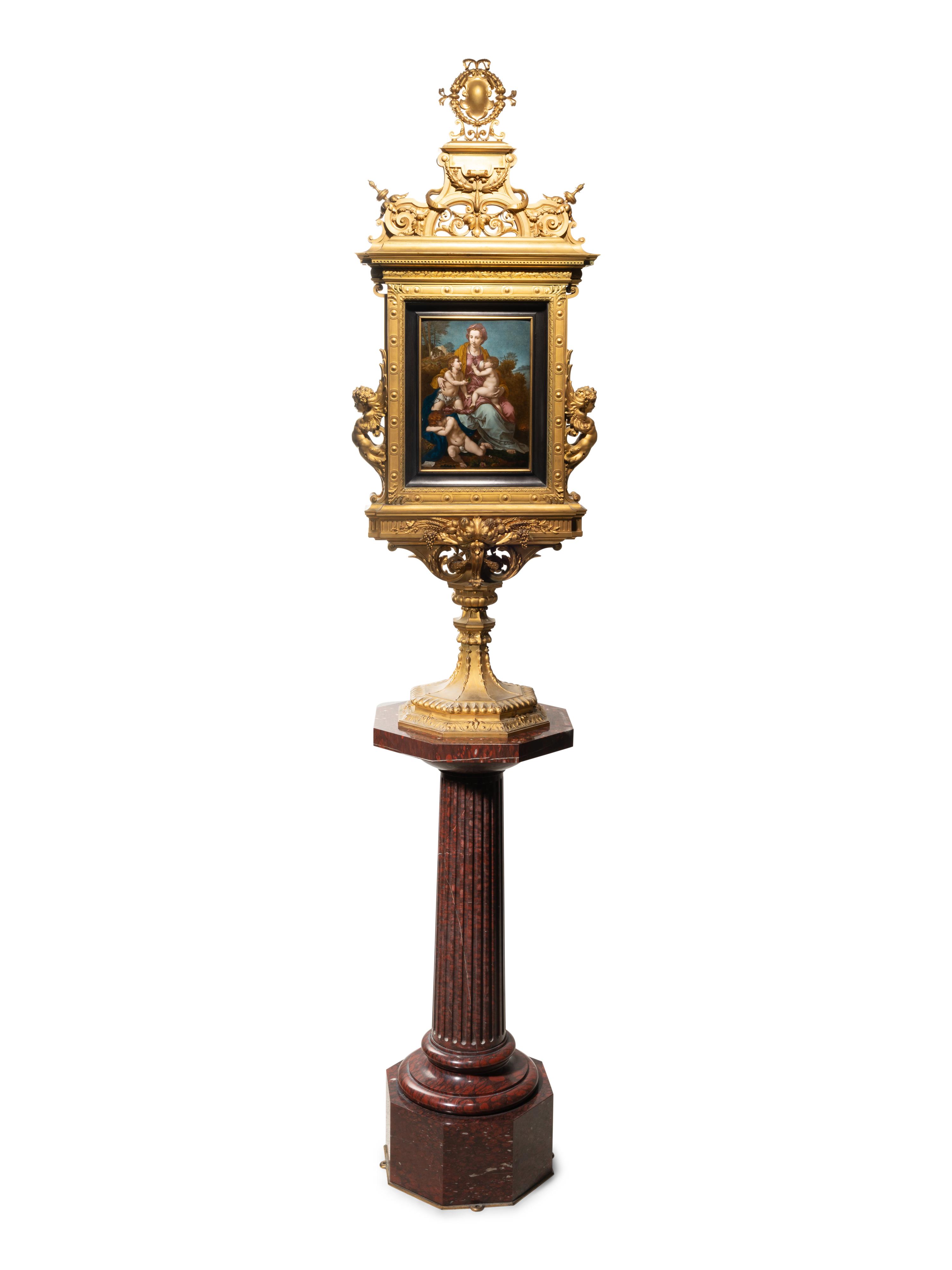 A French Gilt Bronze Double-Sided Tabernacle Encasing Two Enameled Plaques on Marble Pedestal