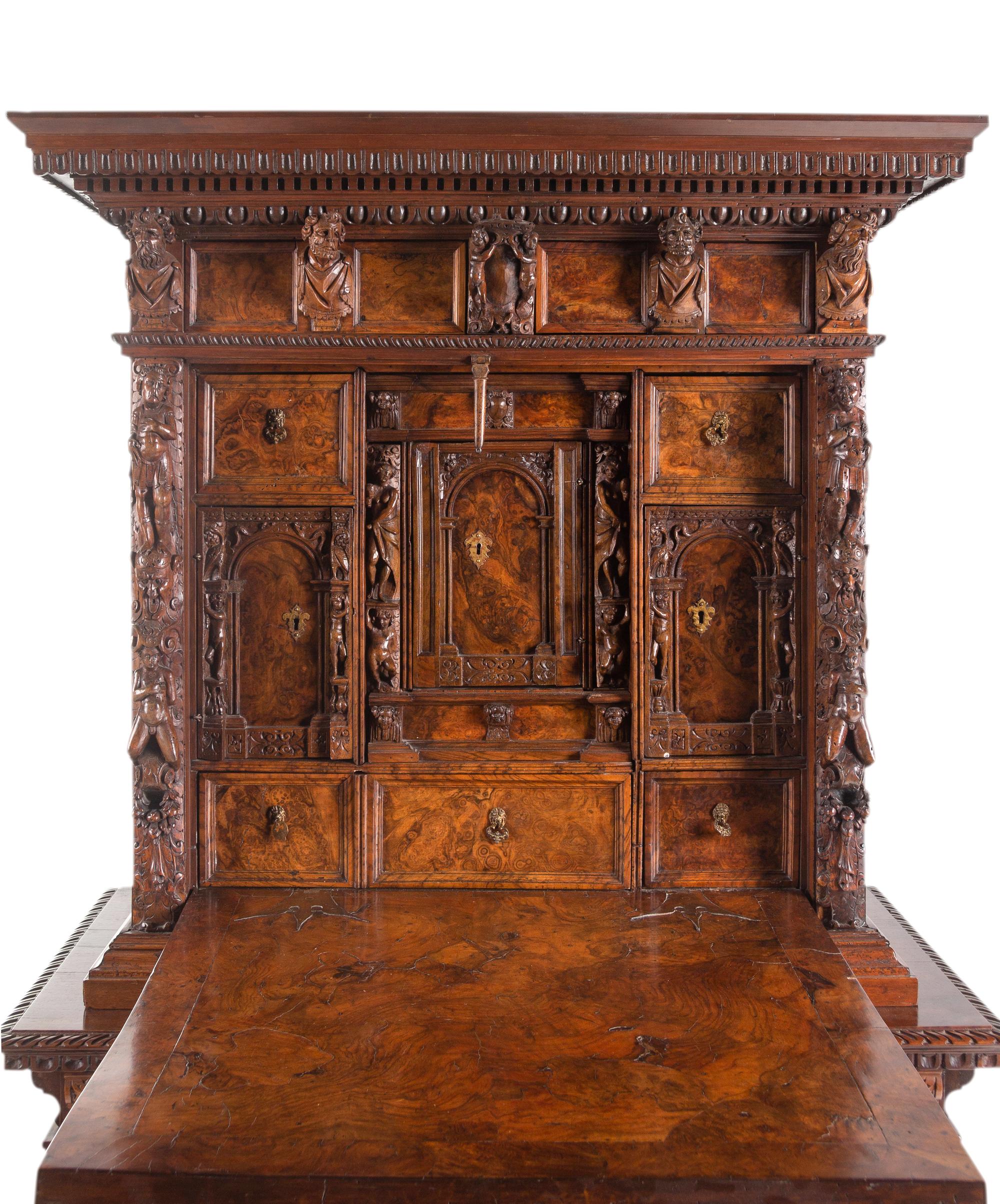 An Italian Baroque Style Carved Walnut and Burl Walnut Fall-Front Bureau Cabinet