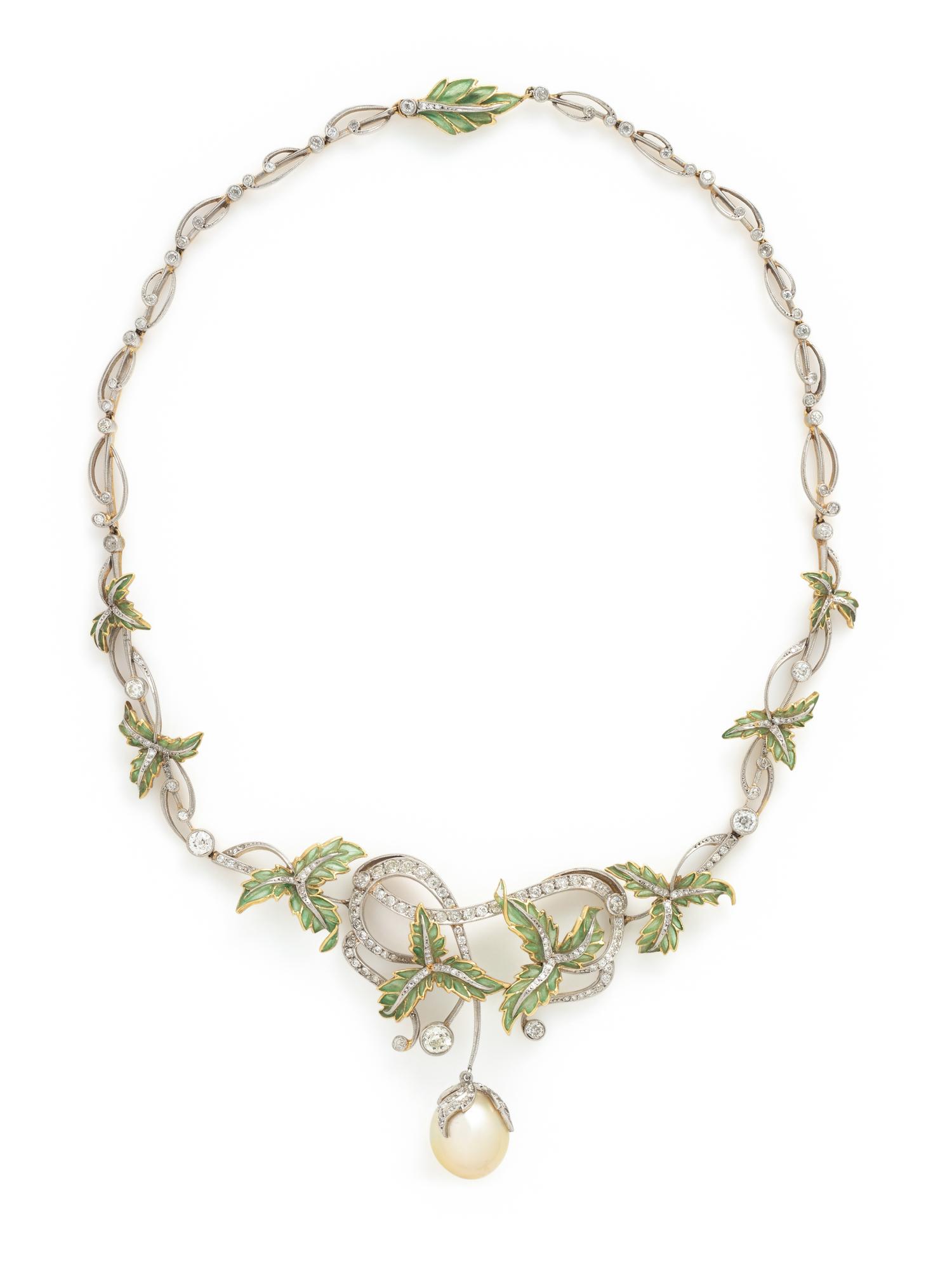 EVELYN CLOTHIER, DIAMOND, PLIQUE-À-JOUR ENAMEL AND CULTURED SOUTH SEA PEARL NECKLACE