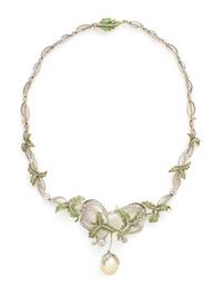 EVELYN CLOTHIER, DIAMOND, PLIQUE-À-JOUR ENAMEL AND CULTURED SOUTH SEA PEARL NECKLACE