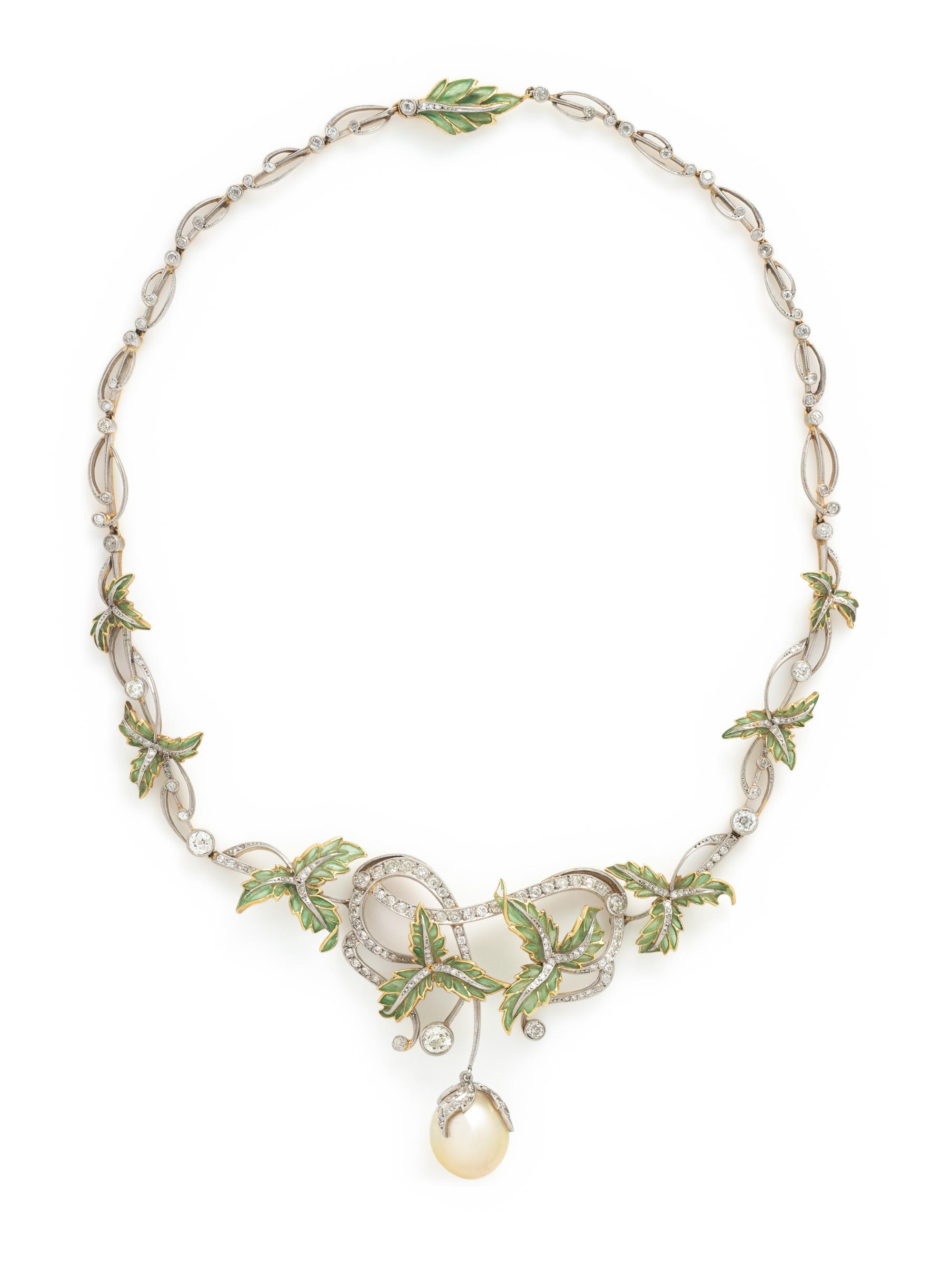 EVELYN CLOTHIER, DIAMOND, PLIQUE-À-JOUR ENAMEL AND CULTURED SOUTH SEA PEARL NECKLACE