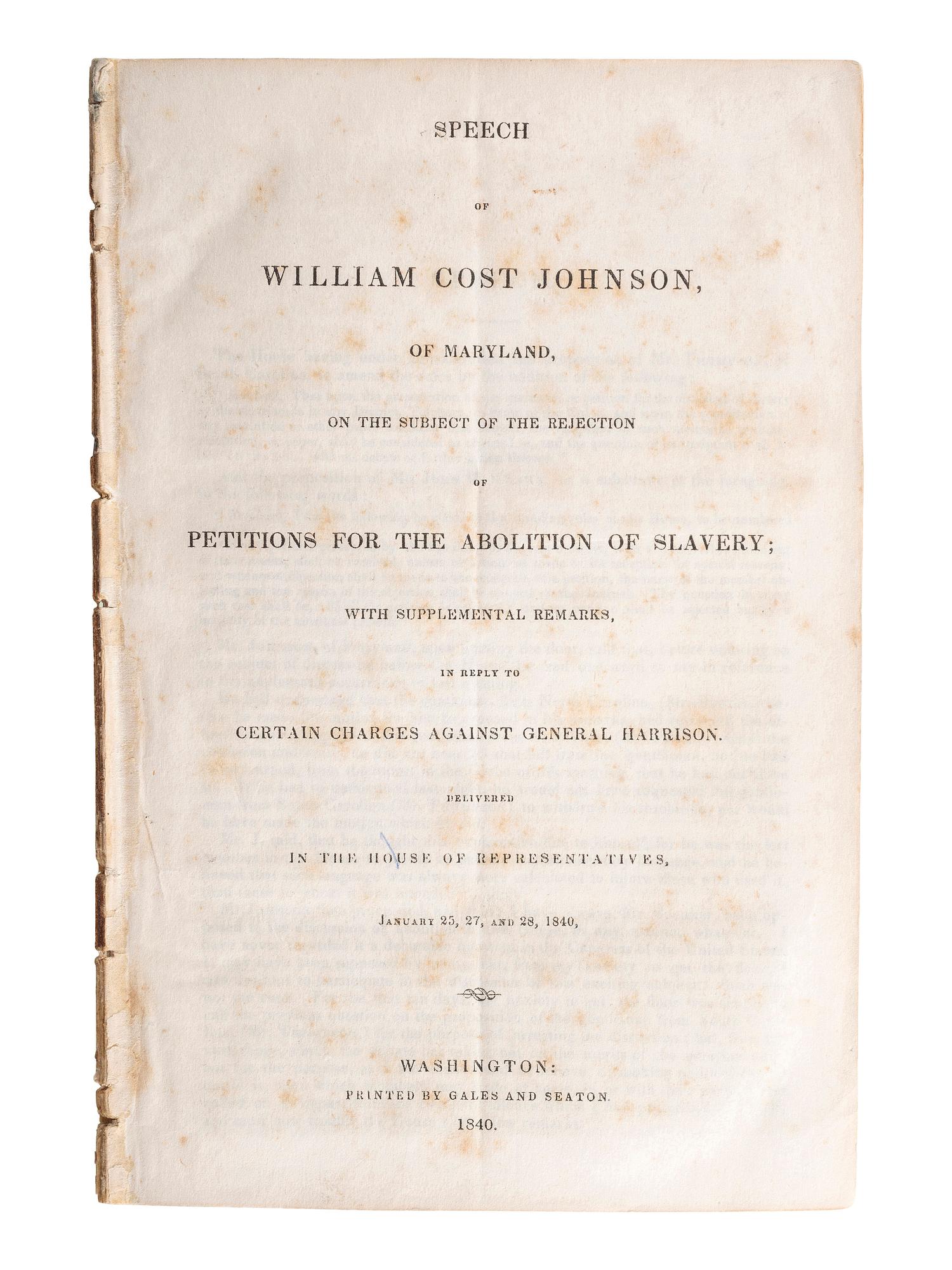 [HARRISON, William Henry (1773-1841)]. A group of pamphlets related to slavery, especially its expansion into Indiana, comprising: