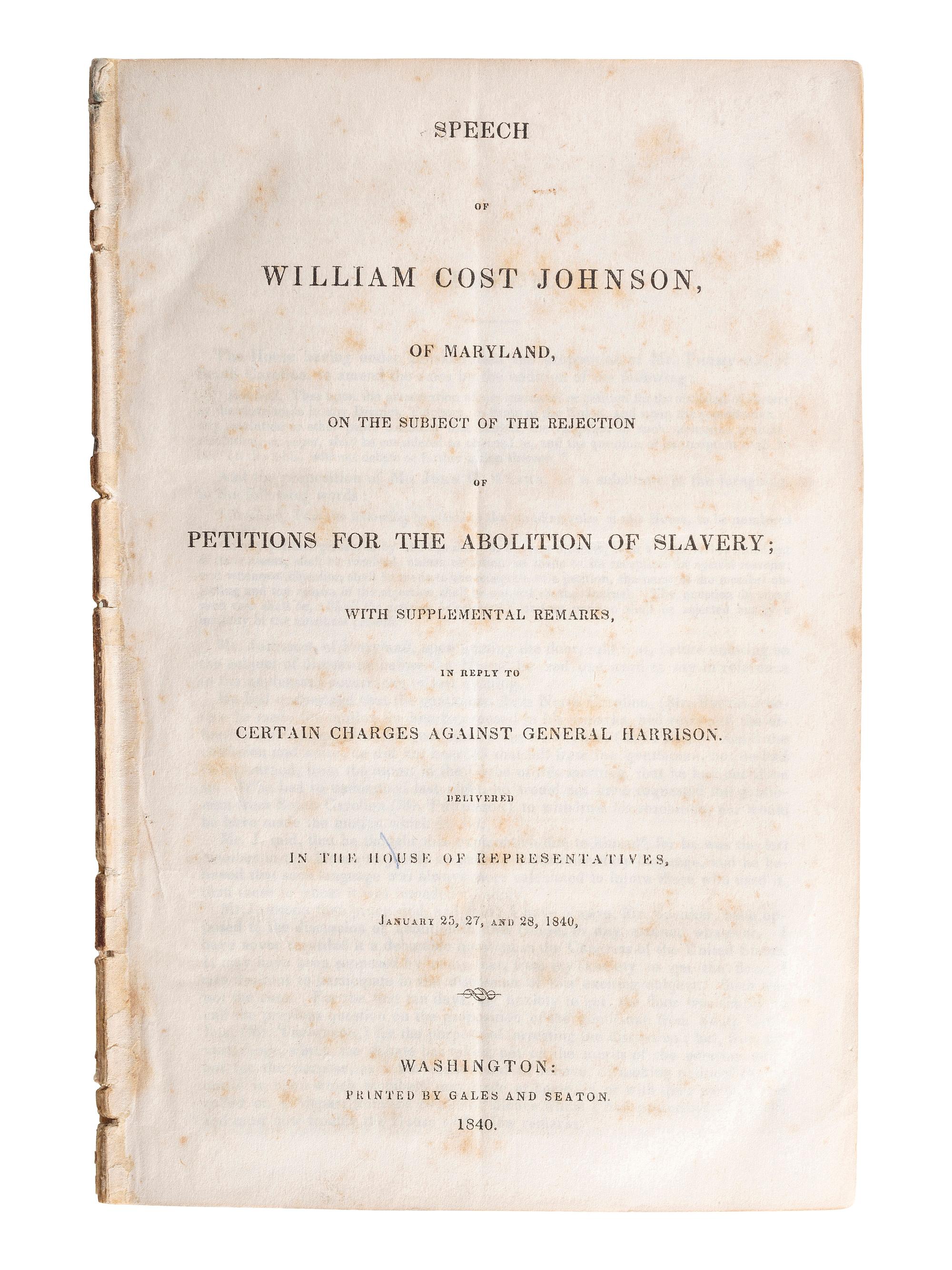 [HARRISON, William Henry (1773-1841)]. A group of pamphlets related to slavery, especially its expansion into Indiana, comprising: