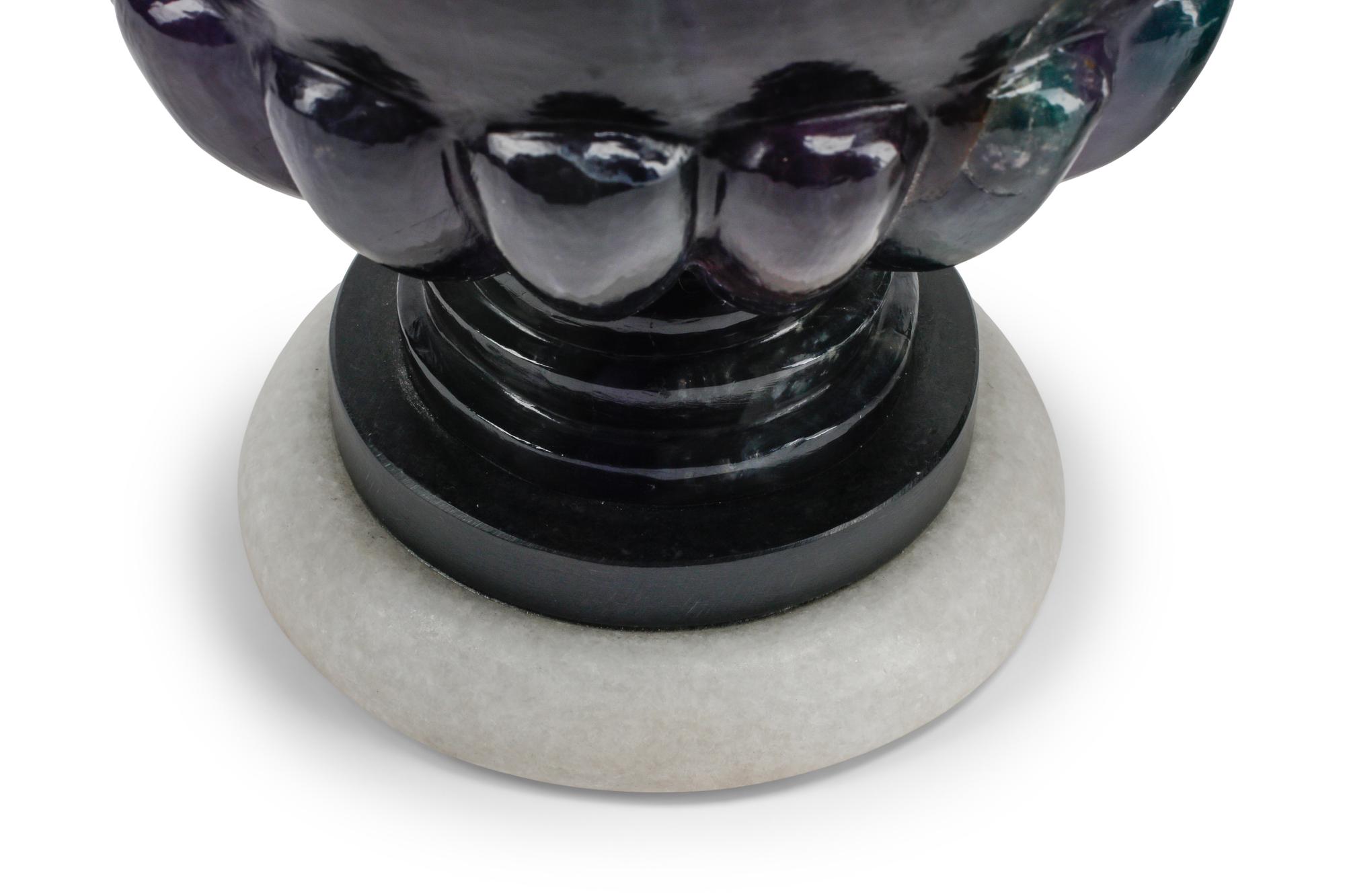 A Pair of Carved Fluorite and Marble Urn-Form Ornaments