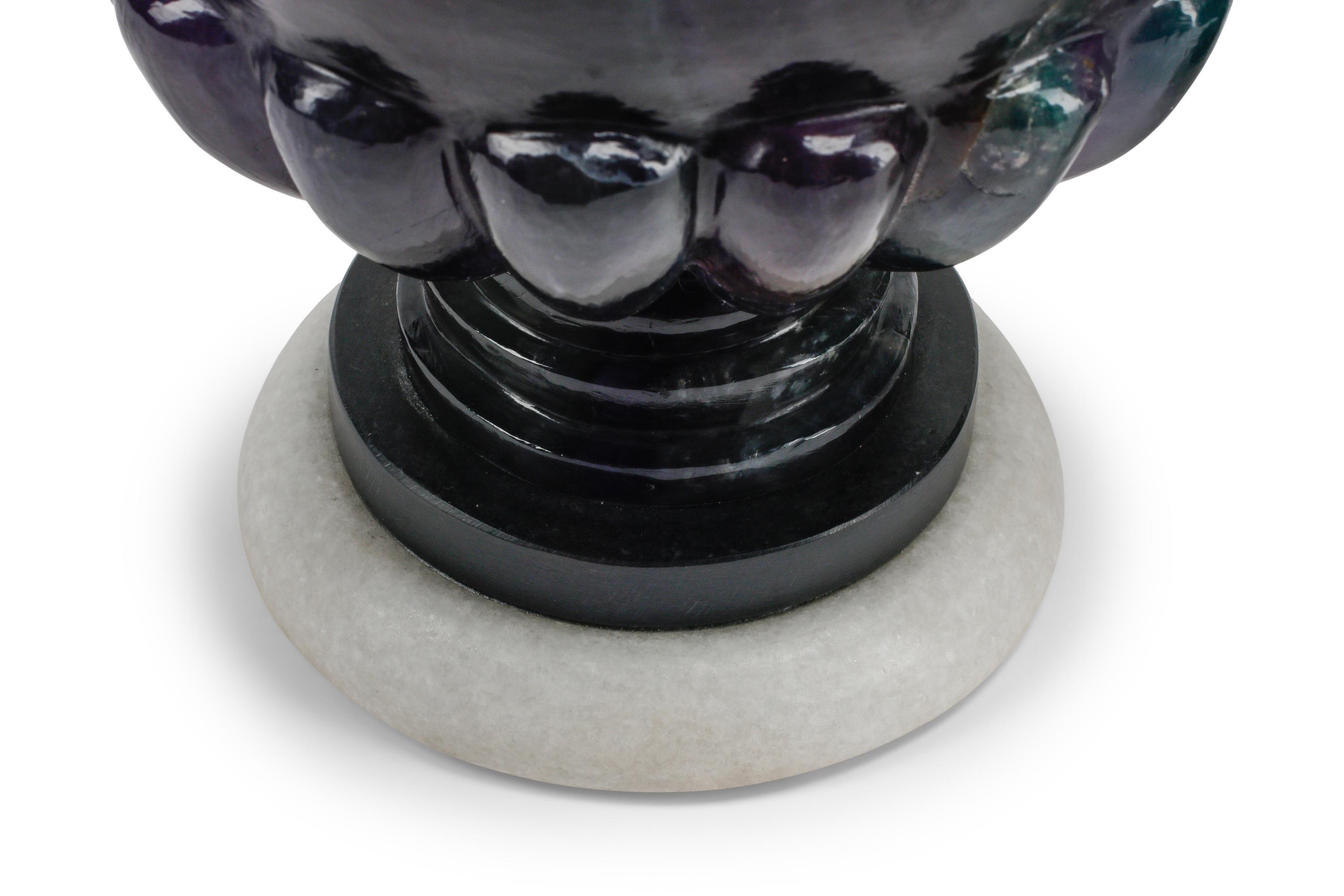 A Pair of Carved Fluorite and Marble Urn-Form Ornaments