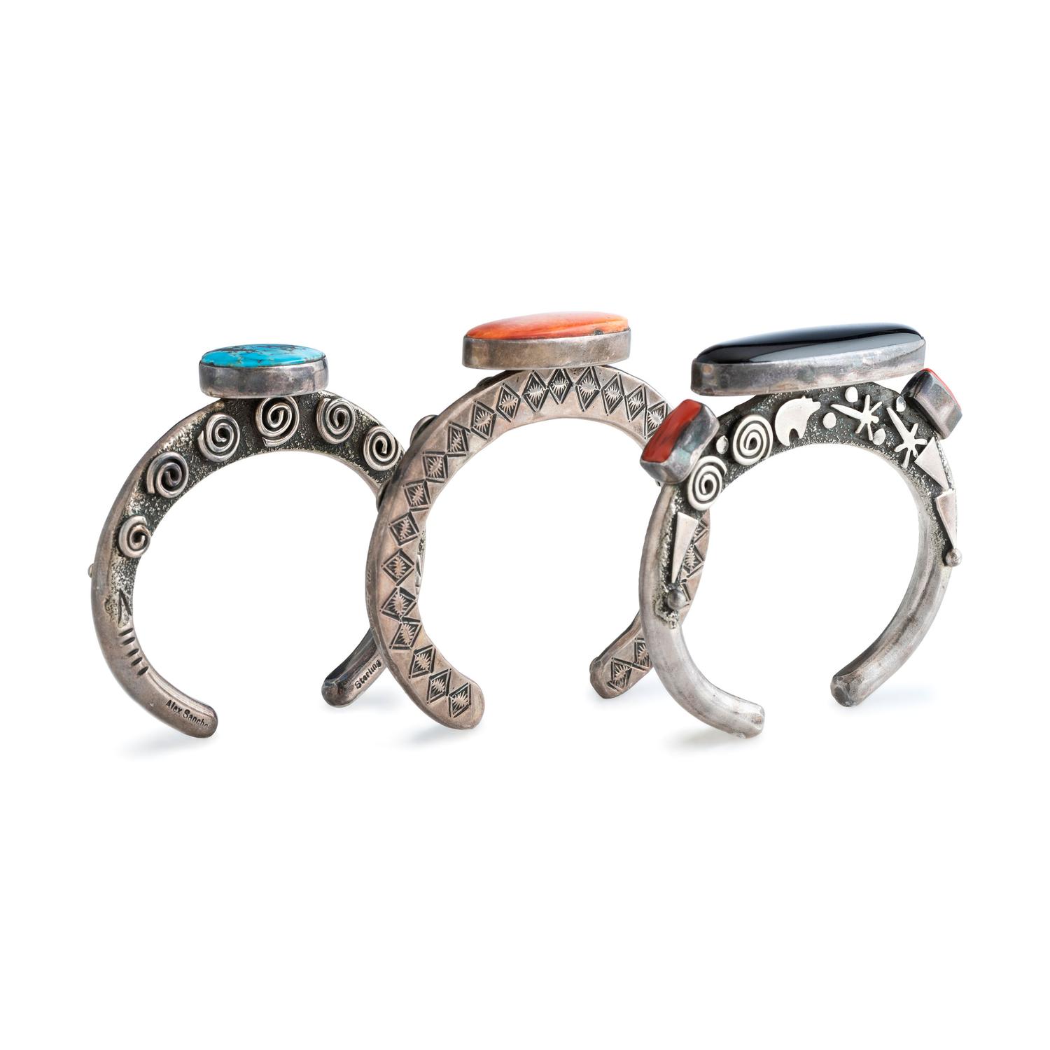 Group of Sterling Silver Cuff Bracelets, with Inlay