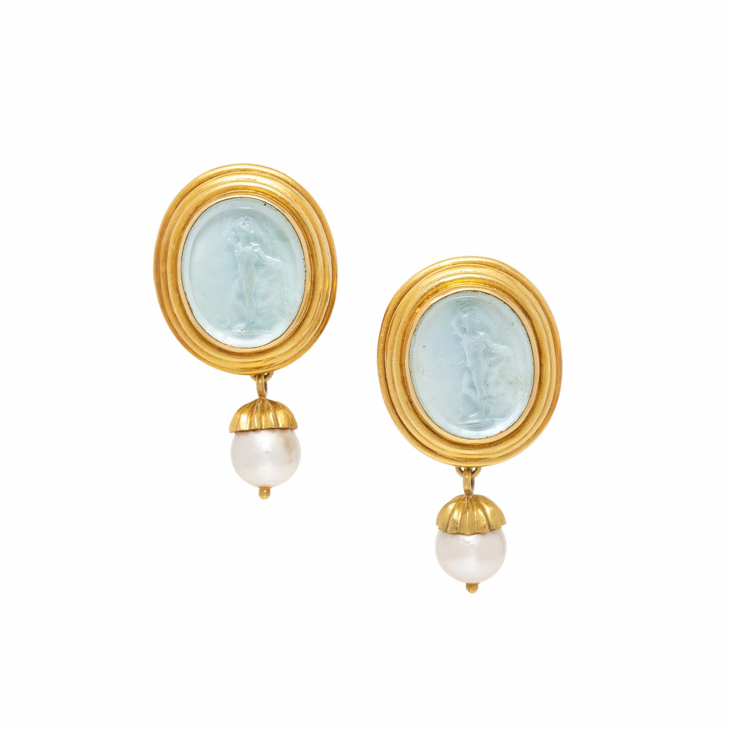 Elizabeth Locke, Yellow Gold, Cultured Pearl, and Venetian Glass Earrings