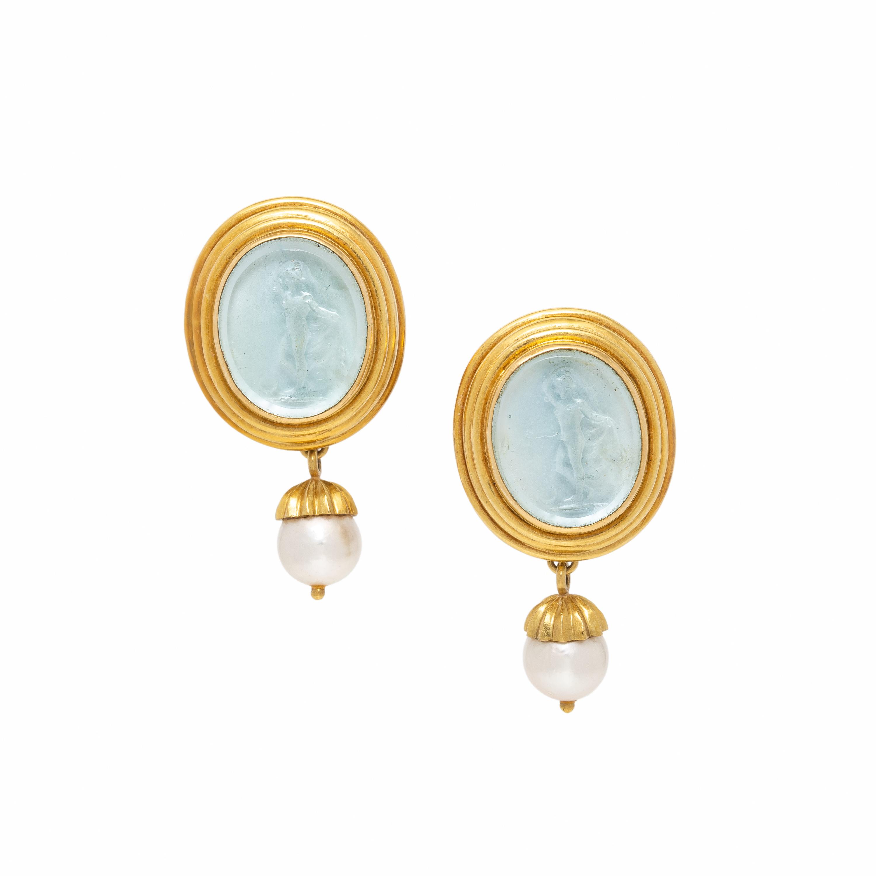 Elizabeth Locke, Yellow Gold, Cultured Pearl, and Venetian Glass Earrings