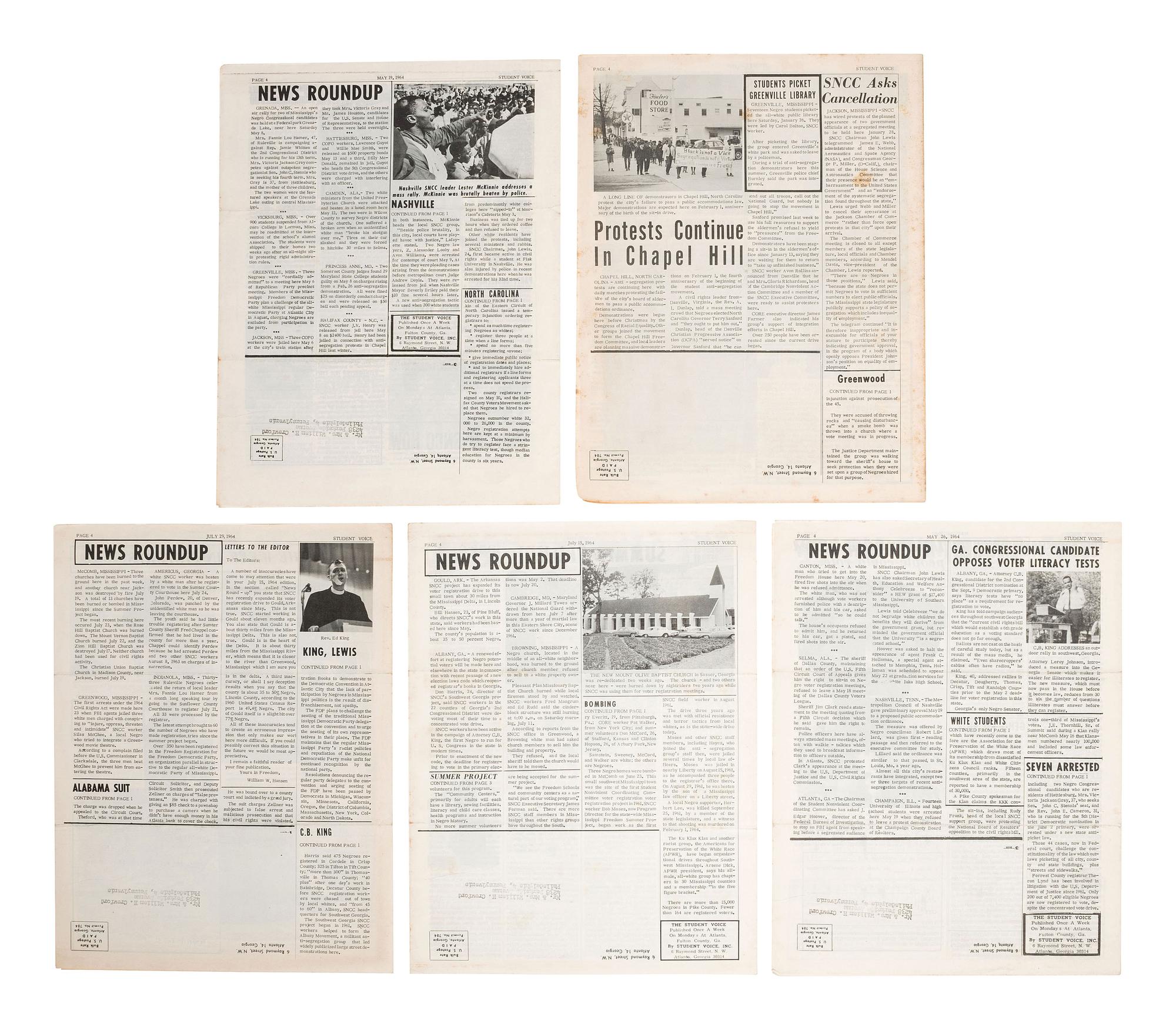 [AFRICAN AMERICANA]. Five issues of The Student Voice. Atlanta: Student Nonviolent Coordinating Committee, January-July, 1964.