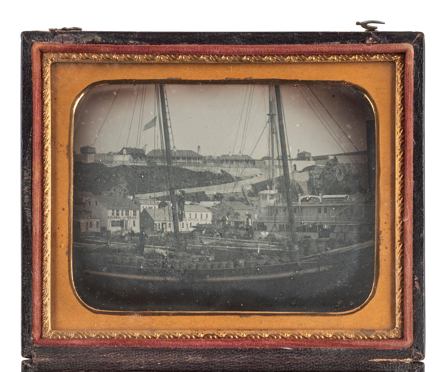 [EARLY PHOTOGRAPHY]. Quarter plate daguerreotype, possibly the earliest known photograph of Fort Mackinac, Michigan. Ca 1855 or later.