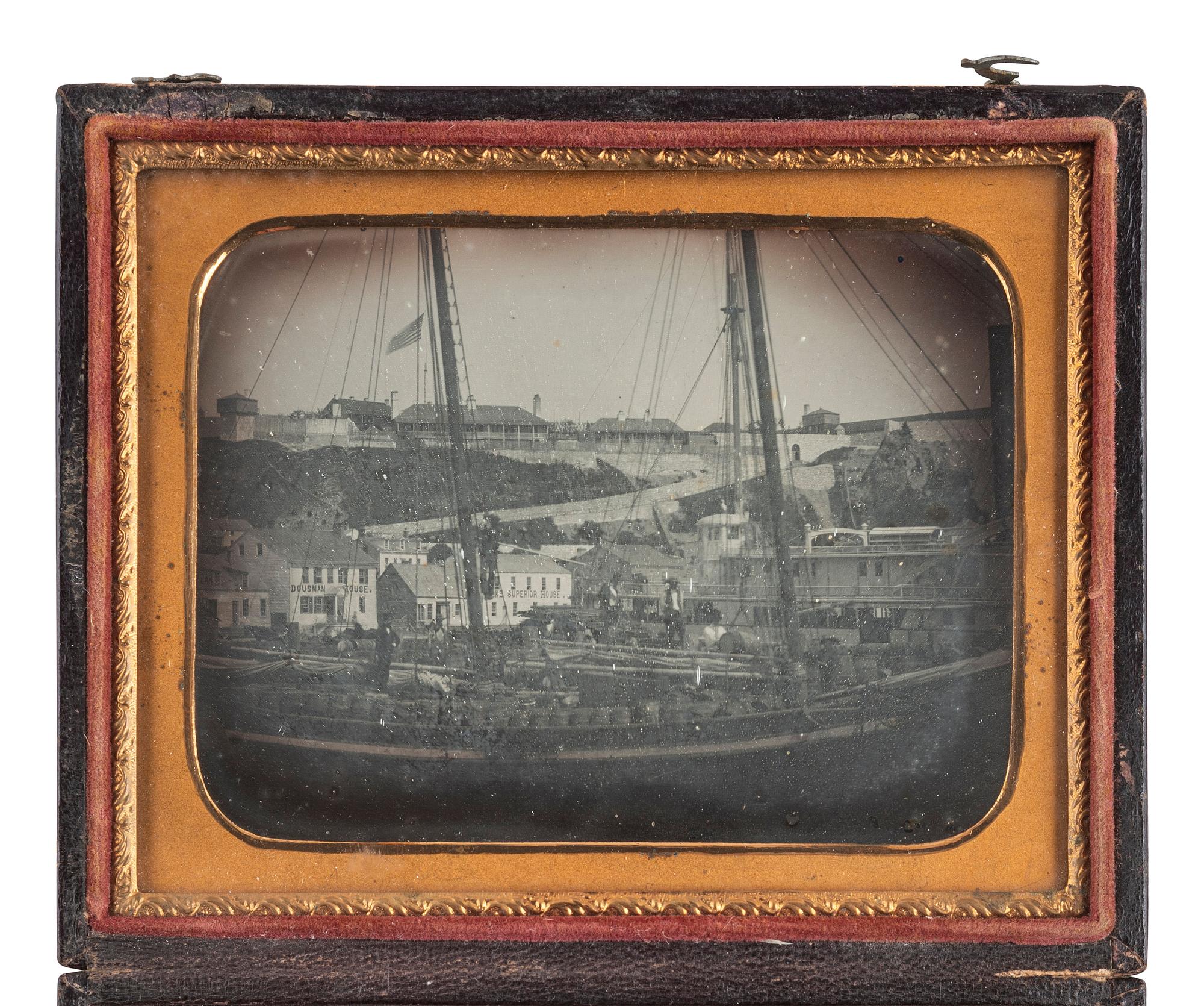 [EARLY PHOTOGRAPHY]. Quarter plate daguerreotype, possibly the earliest known photograph of Fort Mackinac, Michigan. Ca 1855 or later.