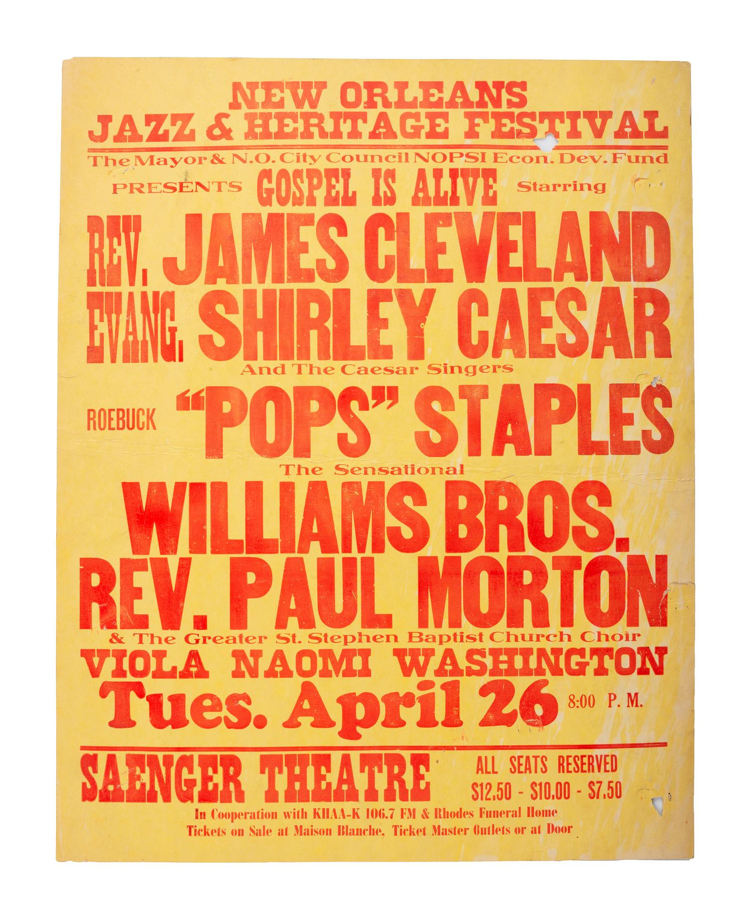 [MUSIC]. A group of 4 posters promoting gospel acts, incl. Soul Stirrers, Mighty Clouds of Joy, New Orleans Jazz & Heritage Festival and Dixie Hummingbirds.