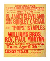 [MUSIC]. A group of 4 posters promoting gospel acts, incl. Soul Stirrers, Mighty Clouds of Joy, New Orleans Jazz & Heritage Festival and Dixie Hummingbirds.