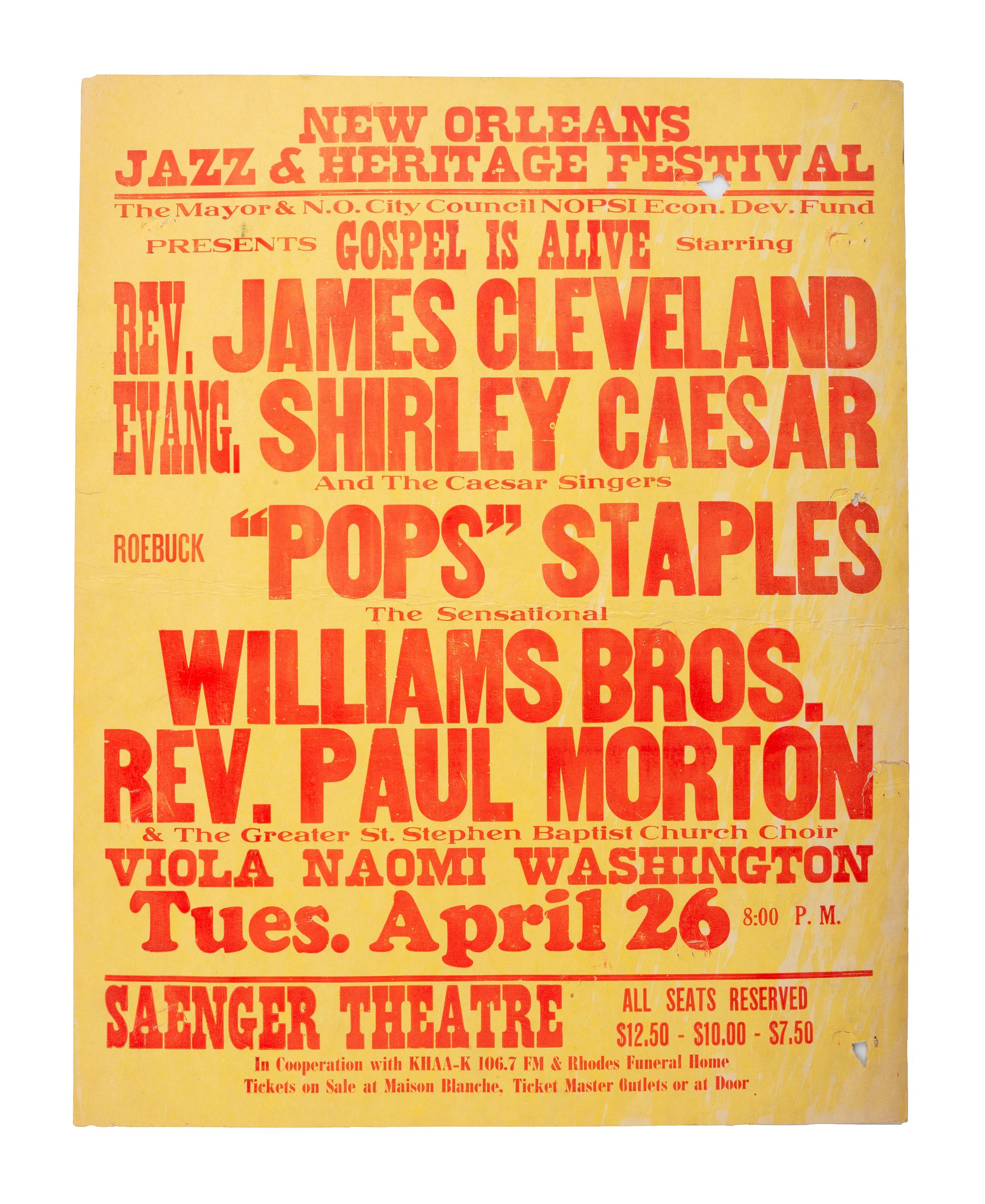 [MUSIC]. A group of 4 posters promoting gospel acts, incl. Soul Stirrers, Mighty Clouds of Joy, New Orleans Jazz & Heritage Festival and Dixie Hummingbirds.