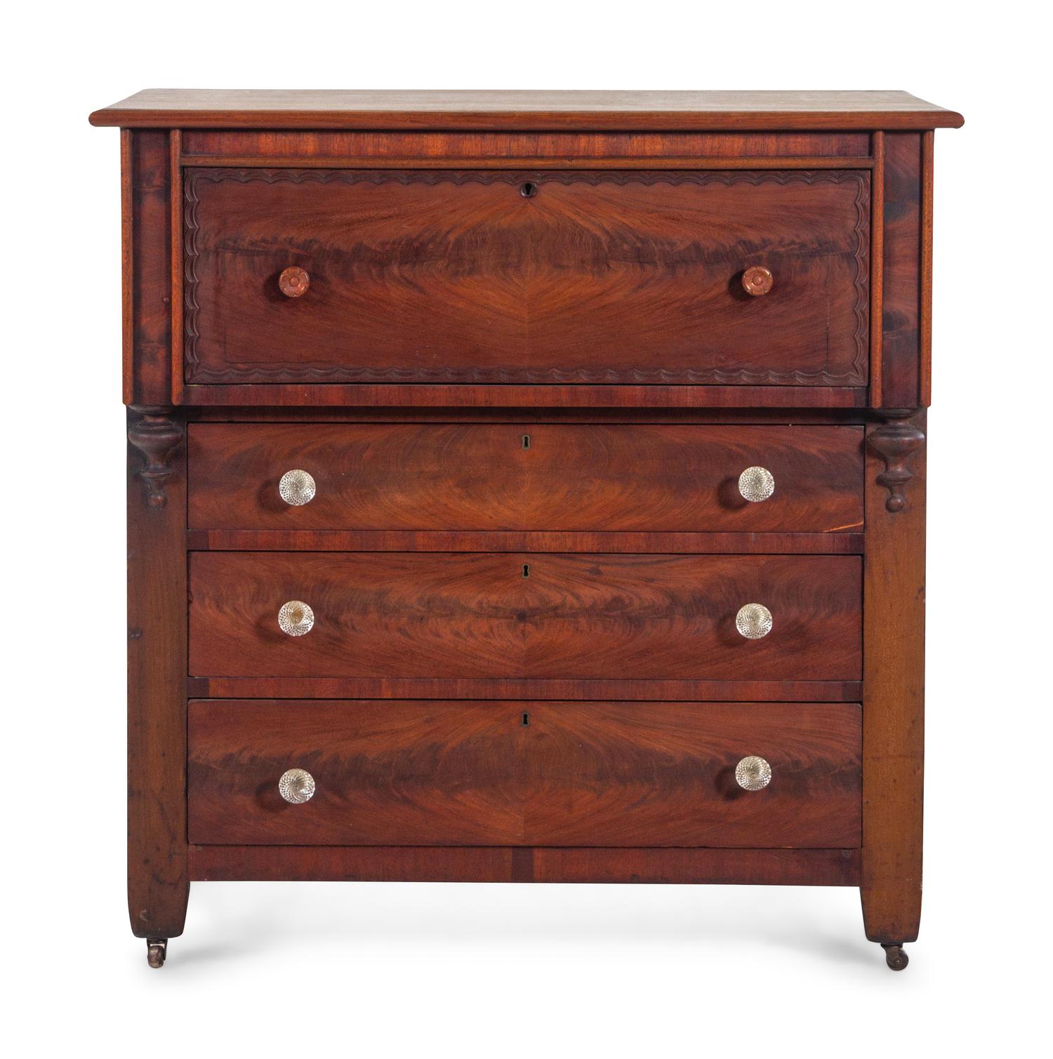 A Late Classical Carved Mahogany and Walnut Butler's Secretary