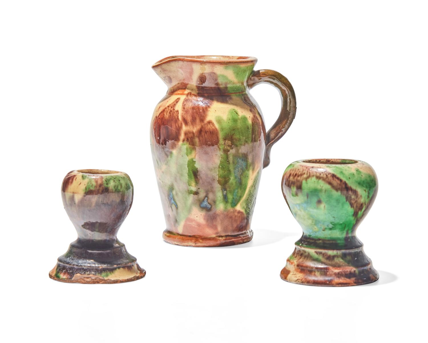Three Shenandoah Valley Multi-Glazed Redware Items, Attributed to J. Eberly &; Co. or S. Bell, Strasburg, VA, Circa 1890