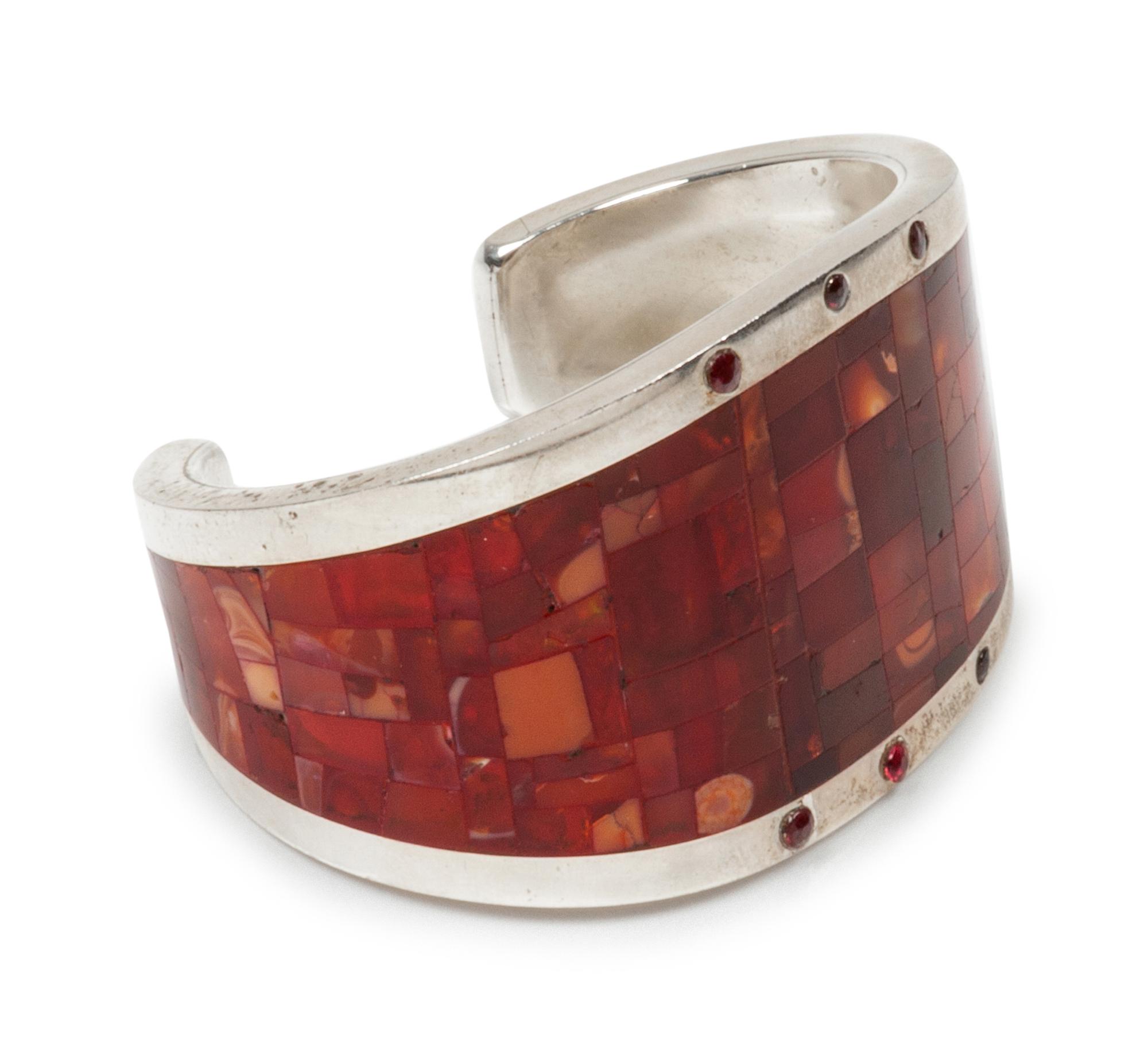 Silver cuff bracelet with spiny oyster mosaic inlay