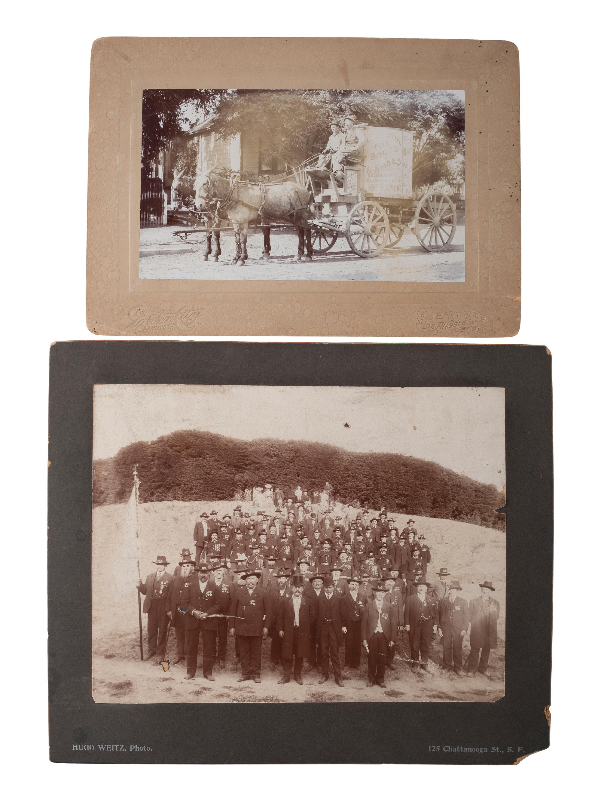 [WESTERN AMERICANA -- CALIFORNIA]. 2 photographs, one featuring a horse-drawn parade float.