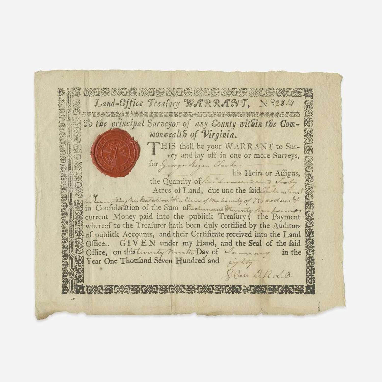 [American Revolution] [Clark, George Rogers] Virginia Land Warrant