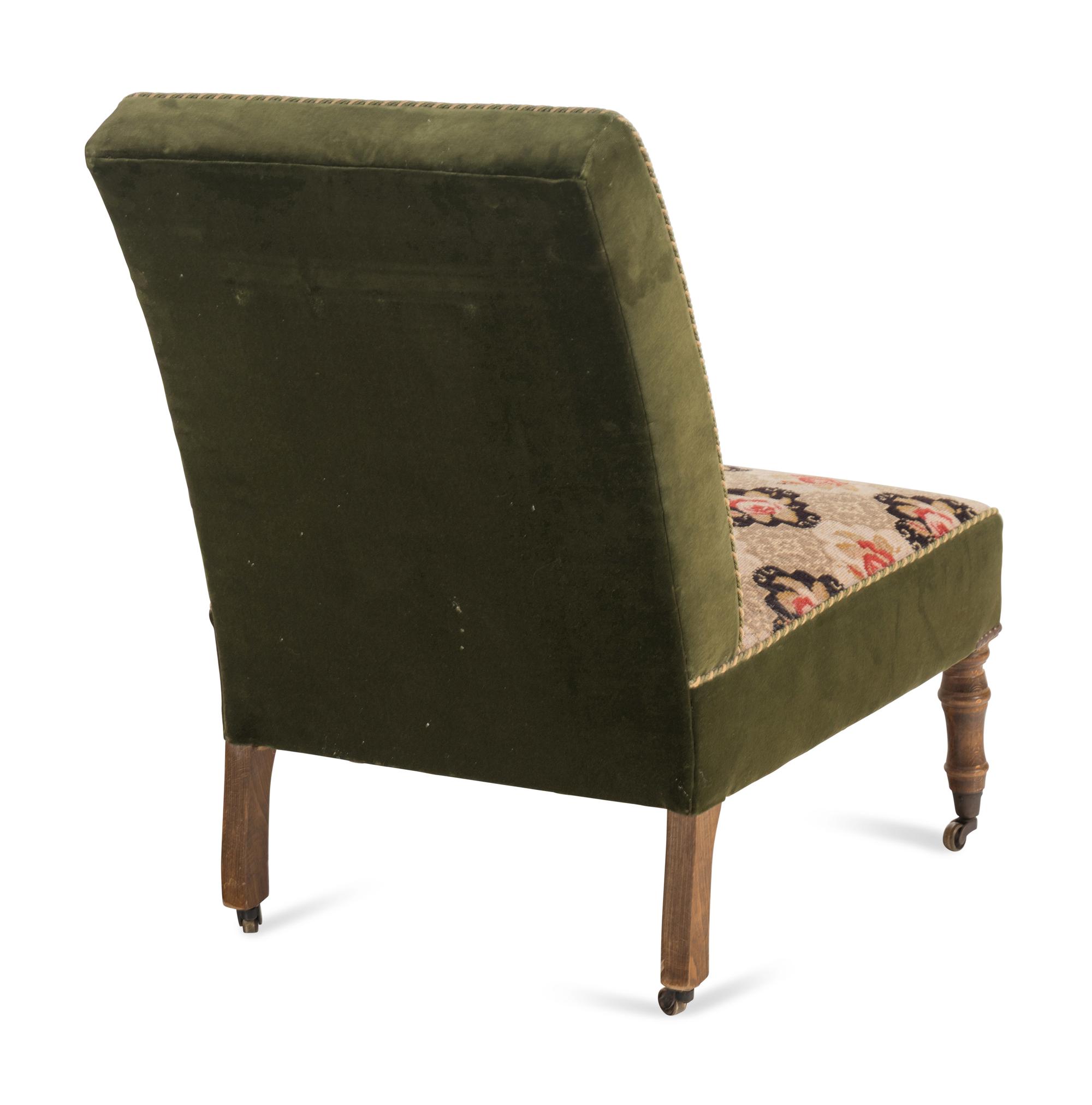 A Pair of Victorian Oak Slipper Chairs with Needlepoint Seats