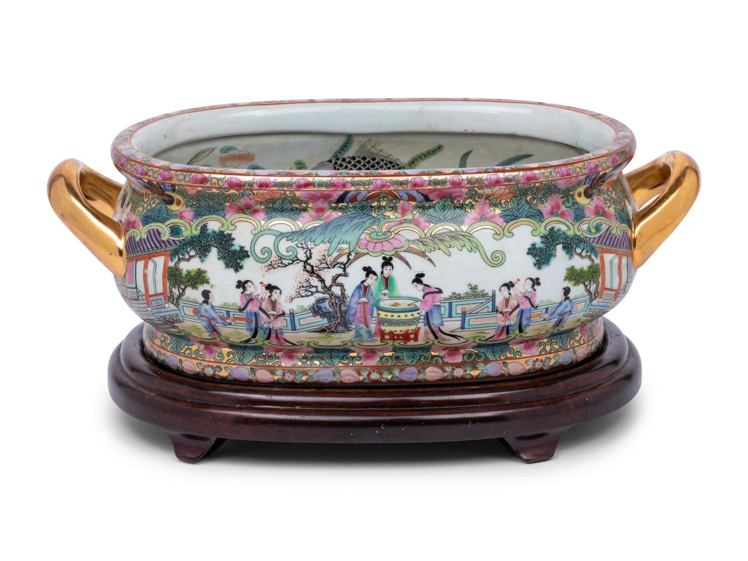 A Chinese Export Porcelain Jardiniere and Wood Stand