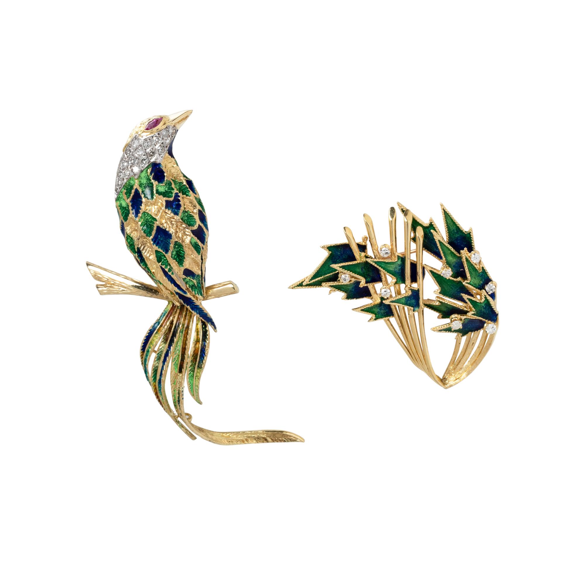 COLLECTION OF DIAMOND AND POLYCHROME ENAMEL BROOCHES