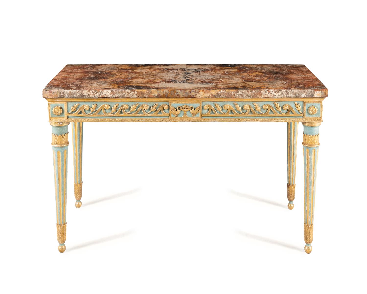 A North Italian Neoclassical Blue Painted and Parcel Gilt Marble-Top Console Table