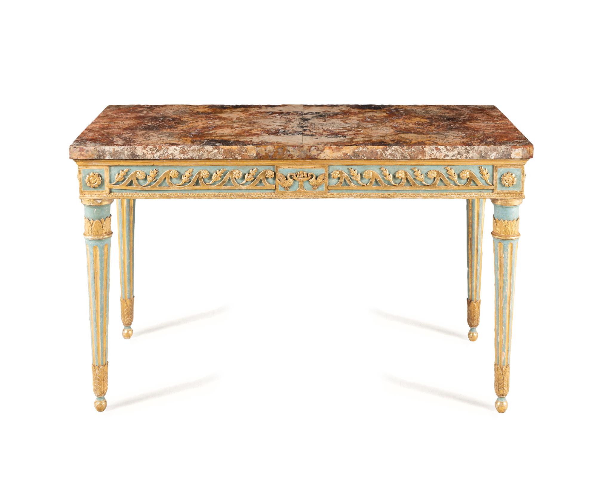 A North Italian Neoclassical Blue Painted and Parcel Gilt Marble-Top Console Table