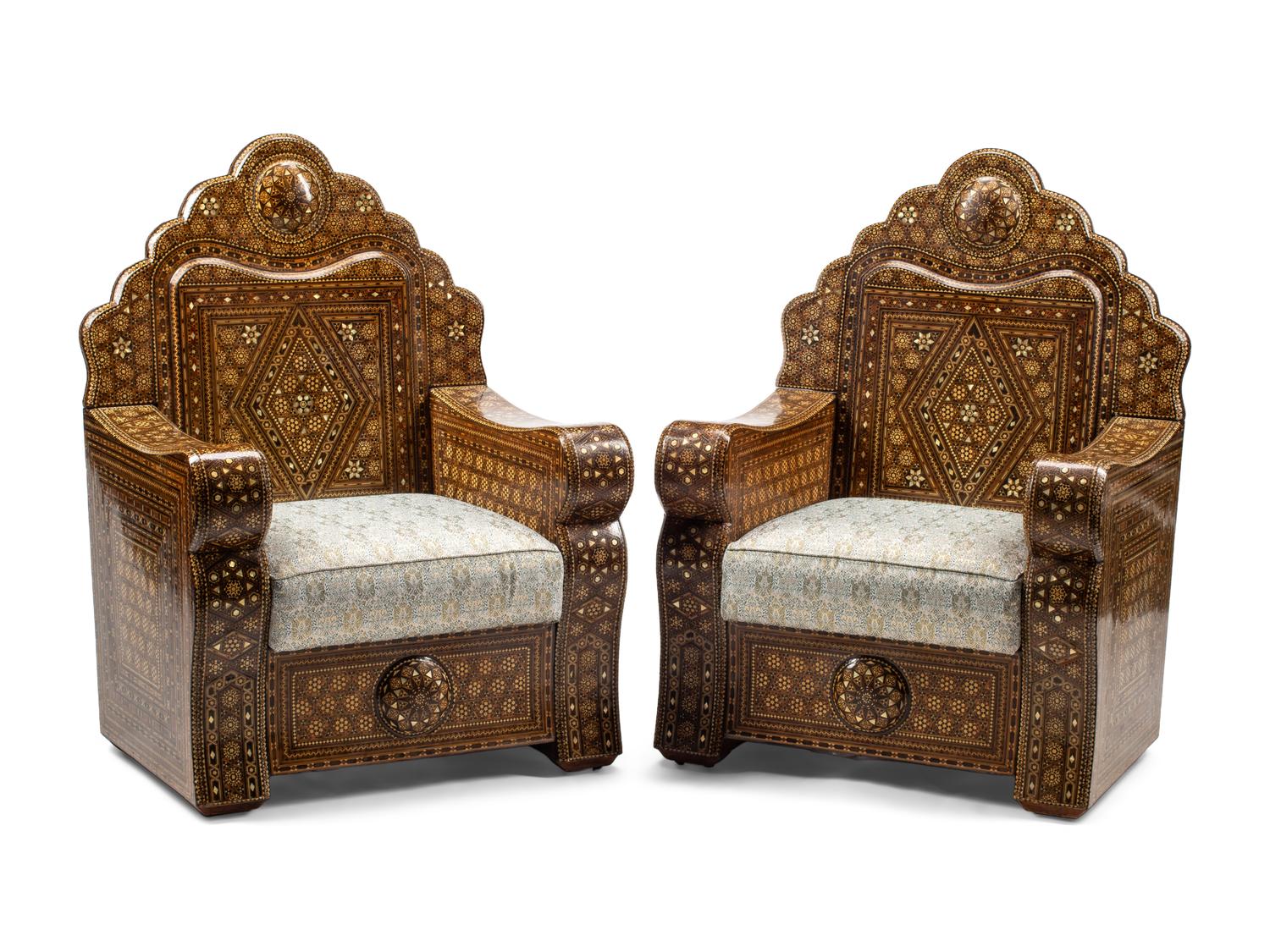 A Pair of Moroccan Marquetry and Mother-of-Pearl Inlaid Lounge Chairs