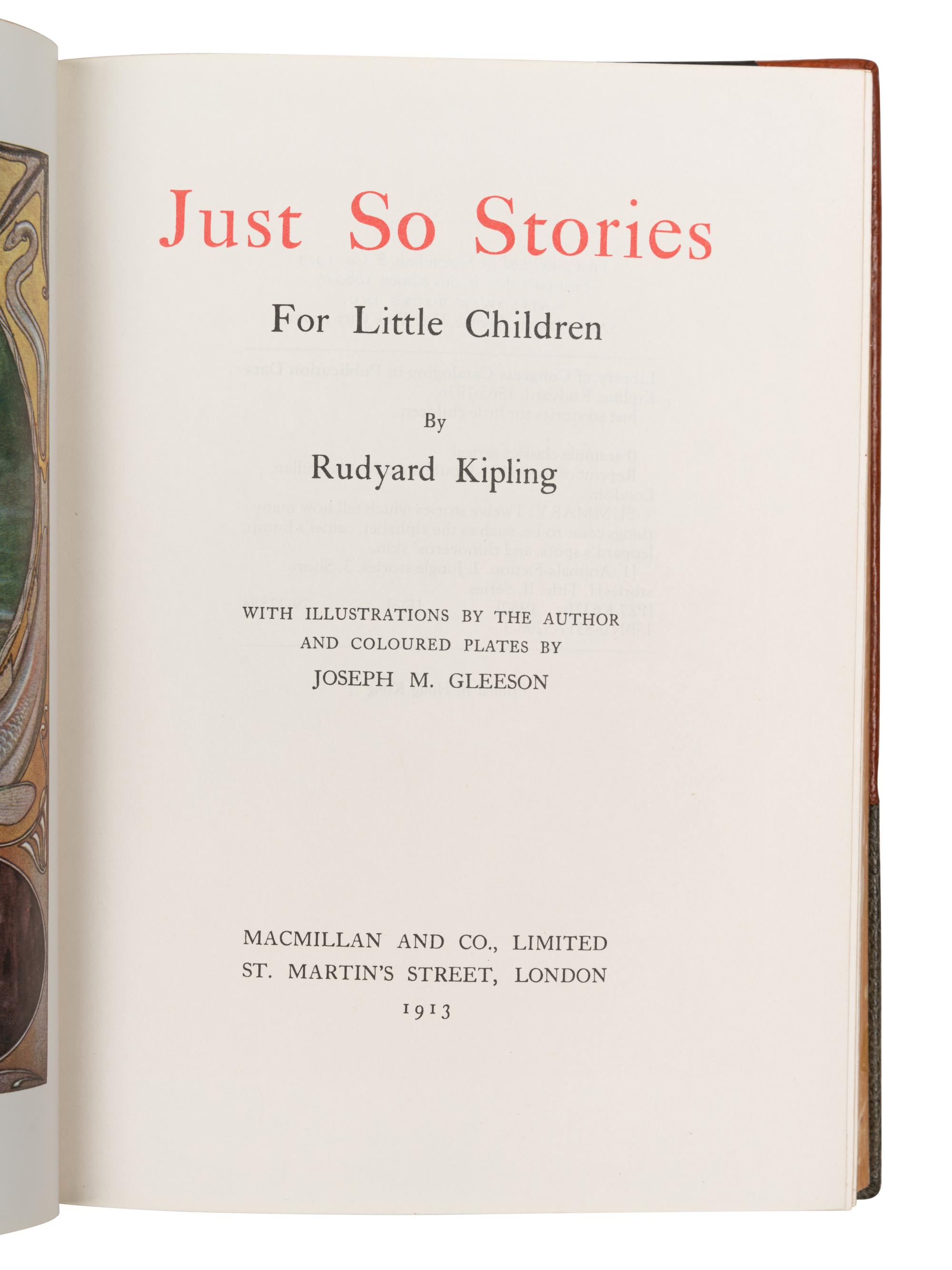 [BINDING]. KIPLING, Rudyard (1865-1936). Just So Stories for Little Children . Joseph M. GLEESON, illustrator. New York & London: Mayflower Books & Macmillan, [1980].