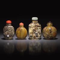 Four Chinese "Puddingstone" and Fossiliferous Limestone Snuff Bottles, 19th to 20th Century — 晚清-民國 抱子石鼻烟壺四支