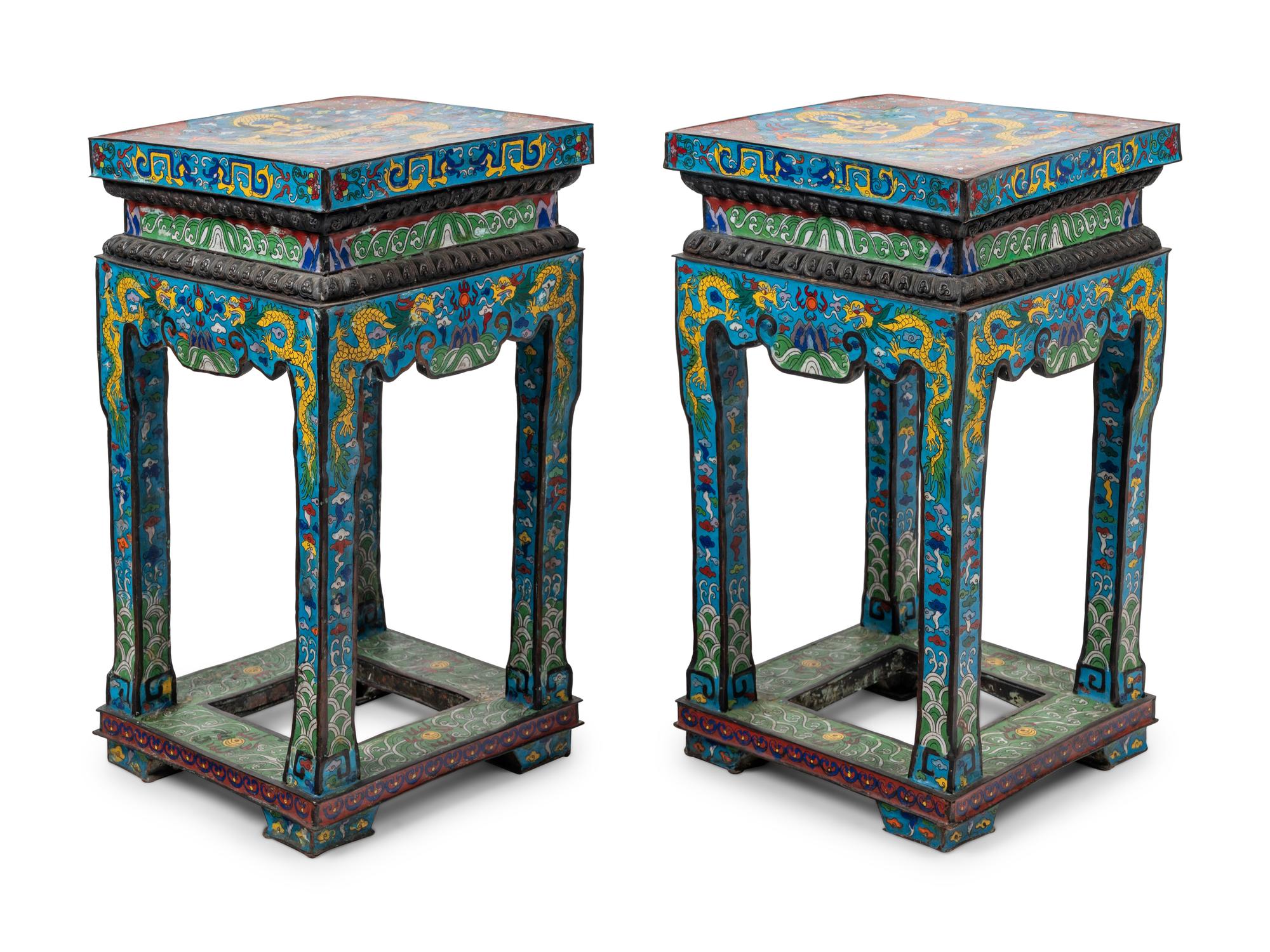 A Pair of Chinese Blue Ground Cloisonné Enamel Stools