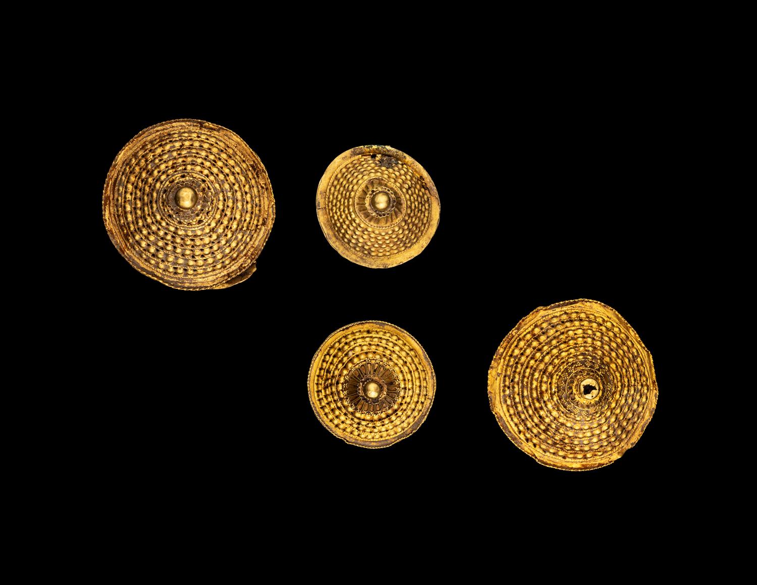 Four Hindu Gold Kumkum Lids in the Form of Stupas