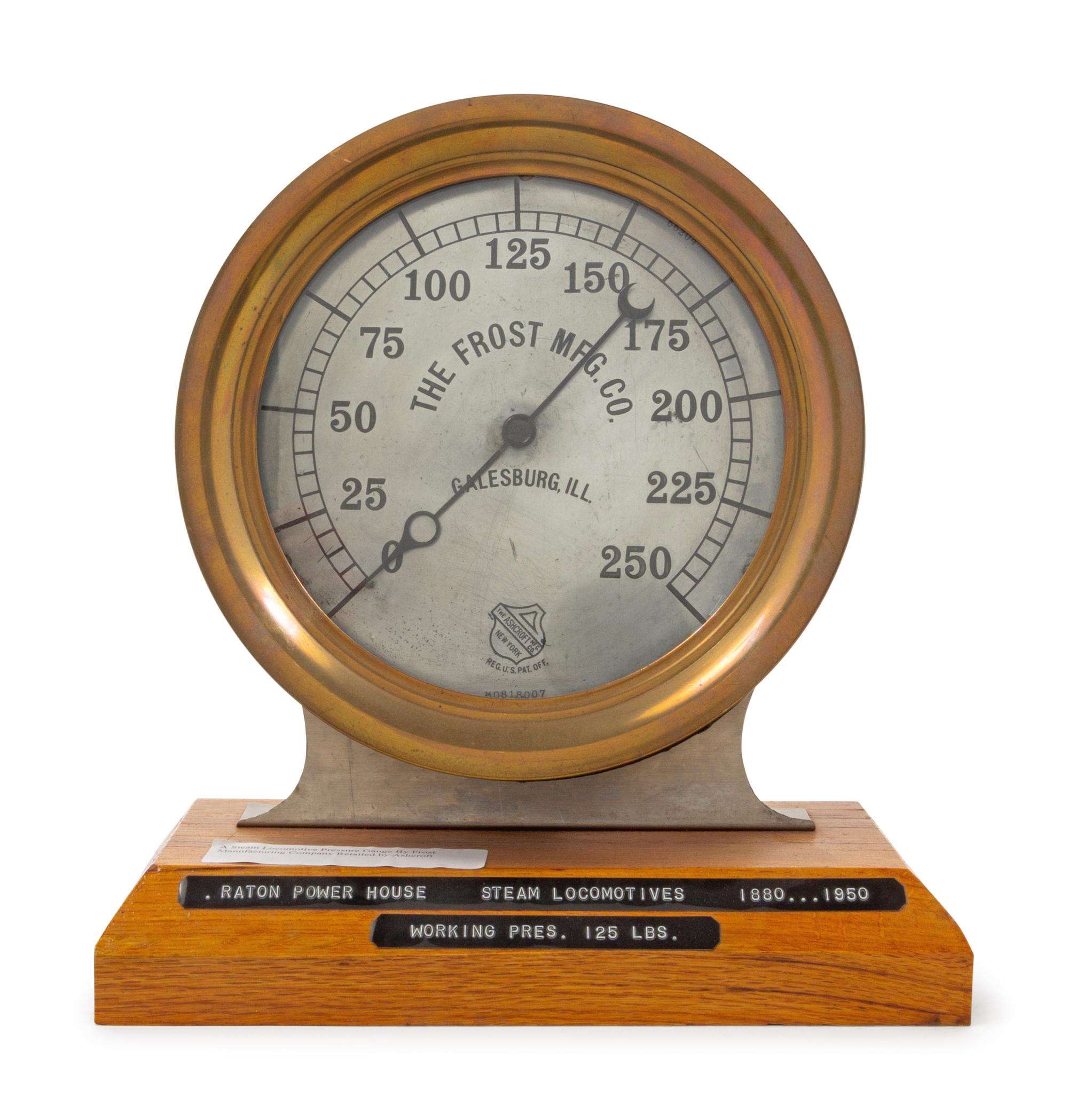 An Frost Mfg. Co. Brass-Cased Locomotive Pressure Gauge