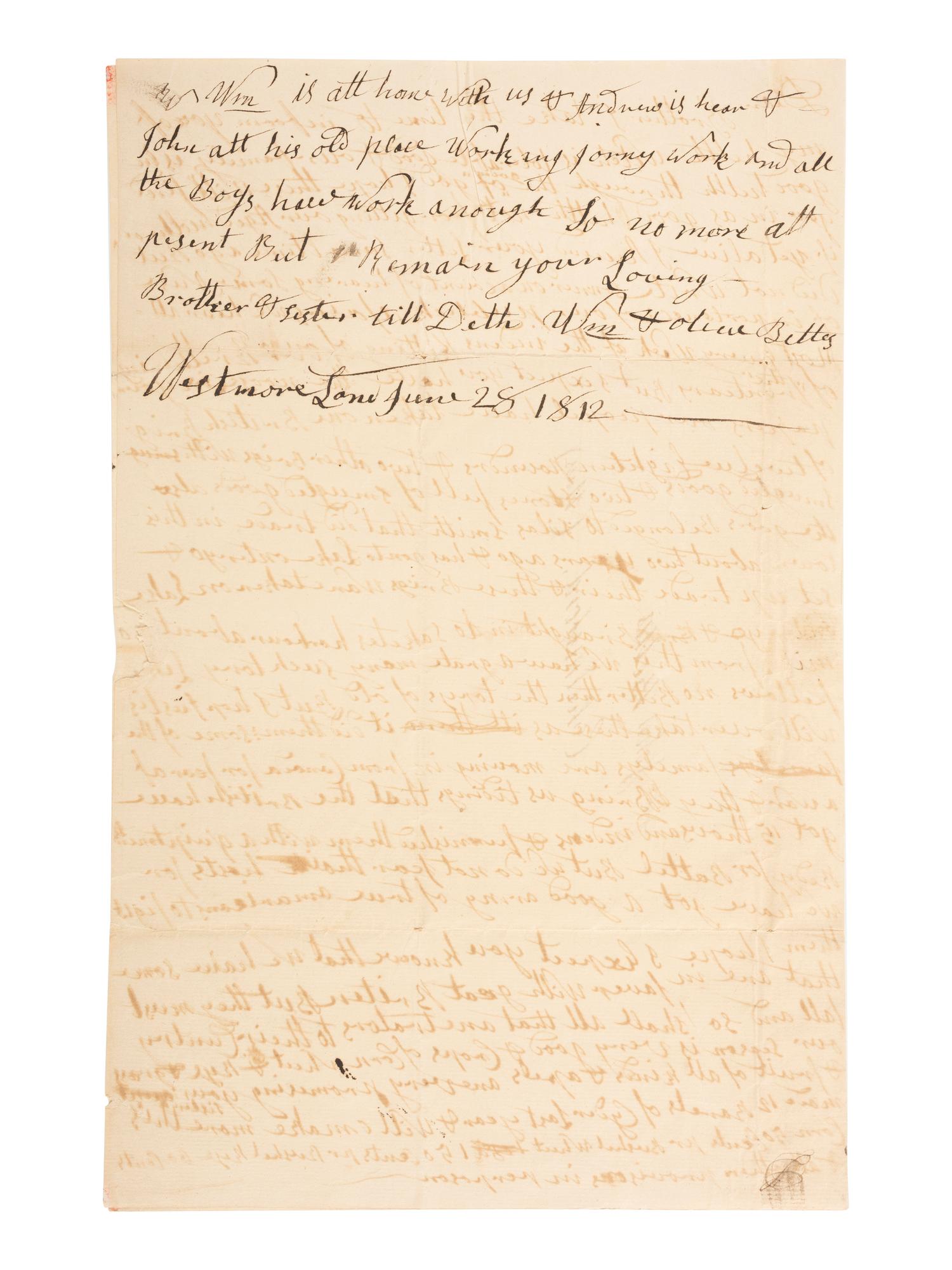 [WAR OF 1812]. Letter relaying news of violence on the frontier, Tory sympathizers, and battlefront reports. "Westmore Land," [Oneida County], [New York]. 28 June 1812.
