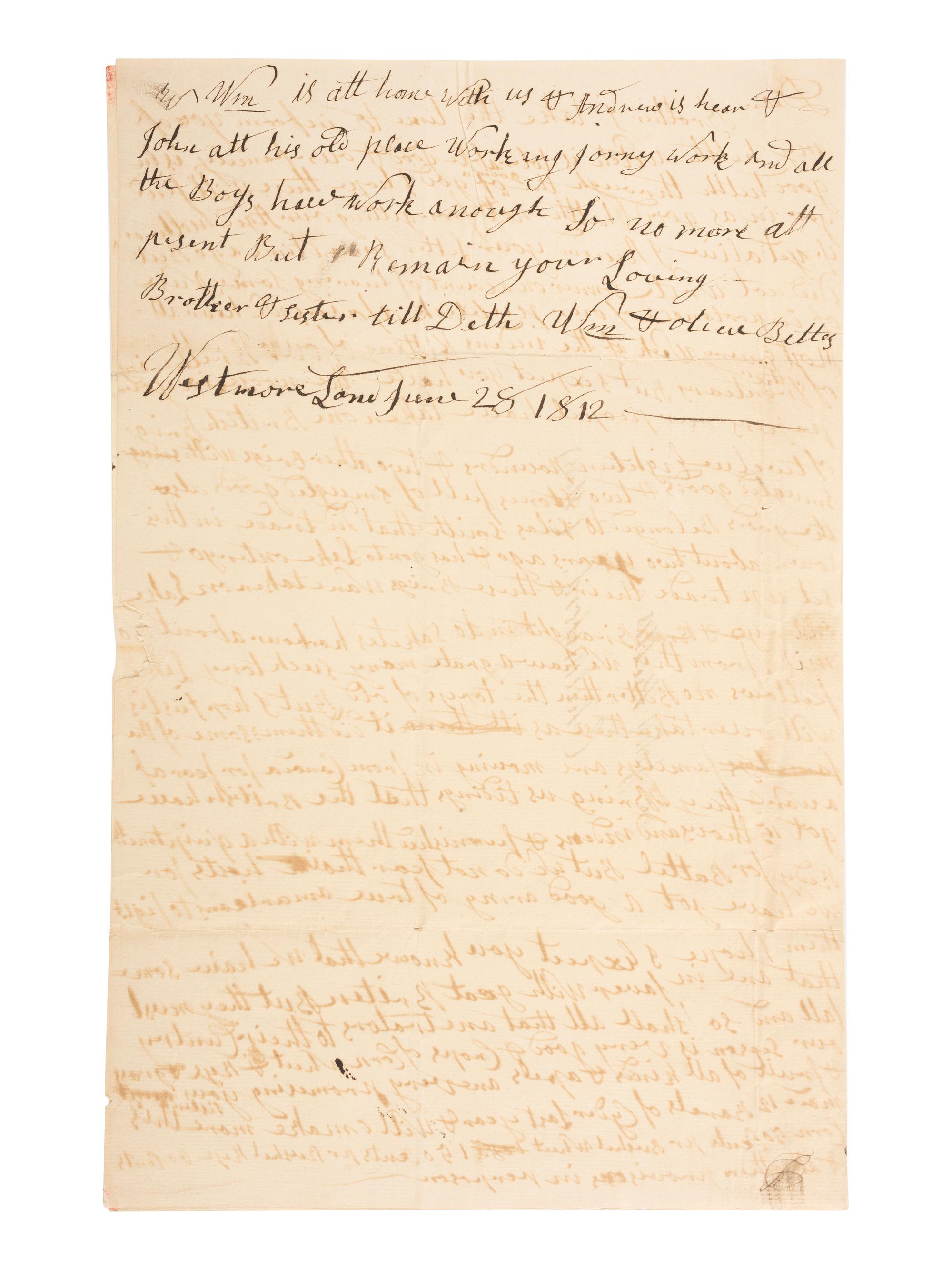 [WAR OF 1812]. Letter relaying news of violence on the frontier, Tory sympathizers, and battlefront reports. "Westmore Land," [Oneida County], [New York]. 28 June 1812.