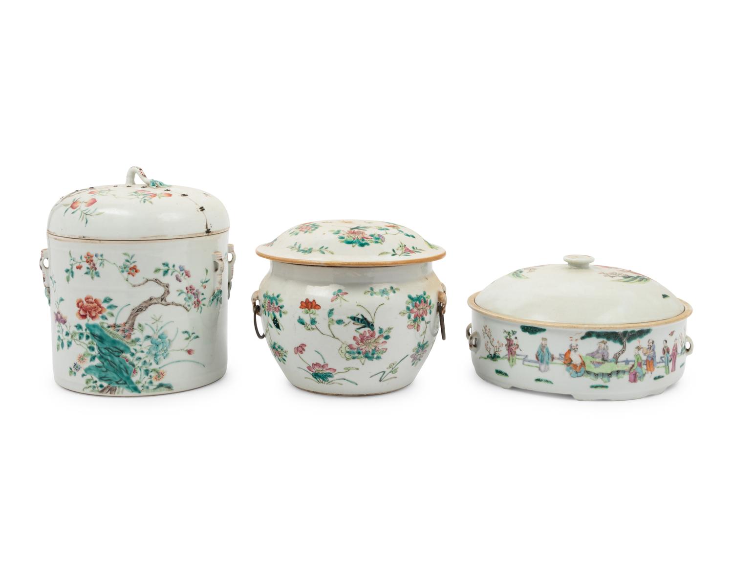 Three Chinese Famille Rose Covered Vessels