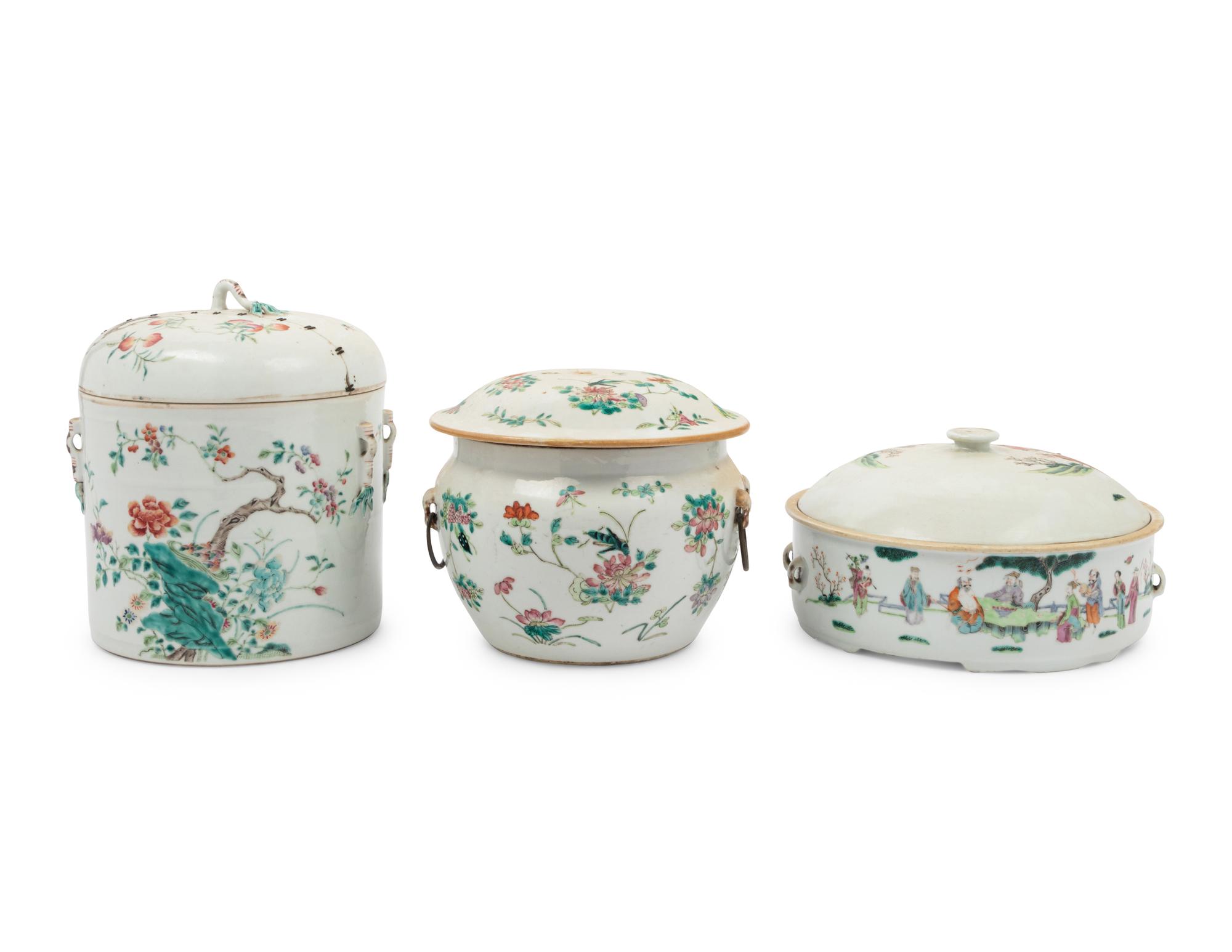 Three Chinese Famille Rose Covered Vessels
