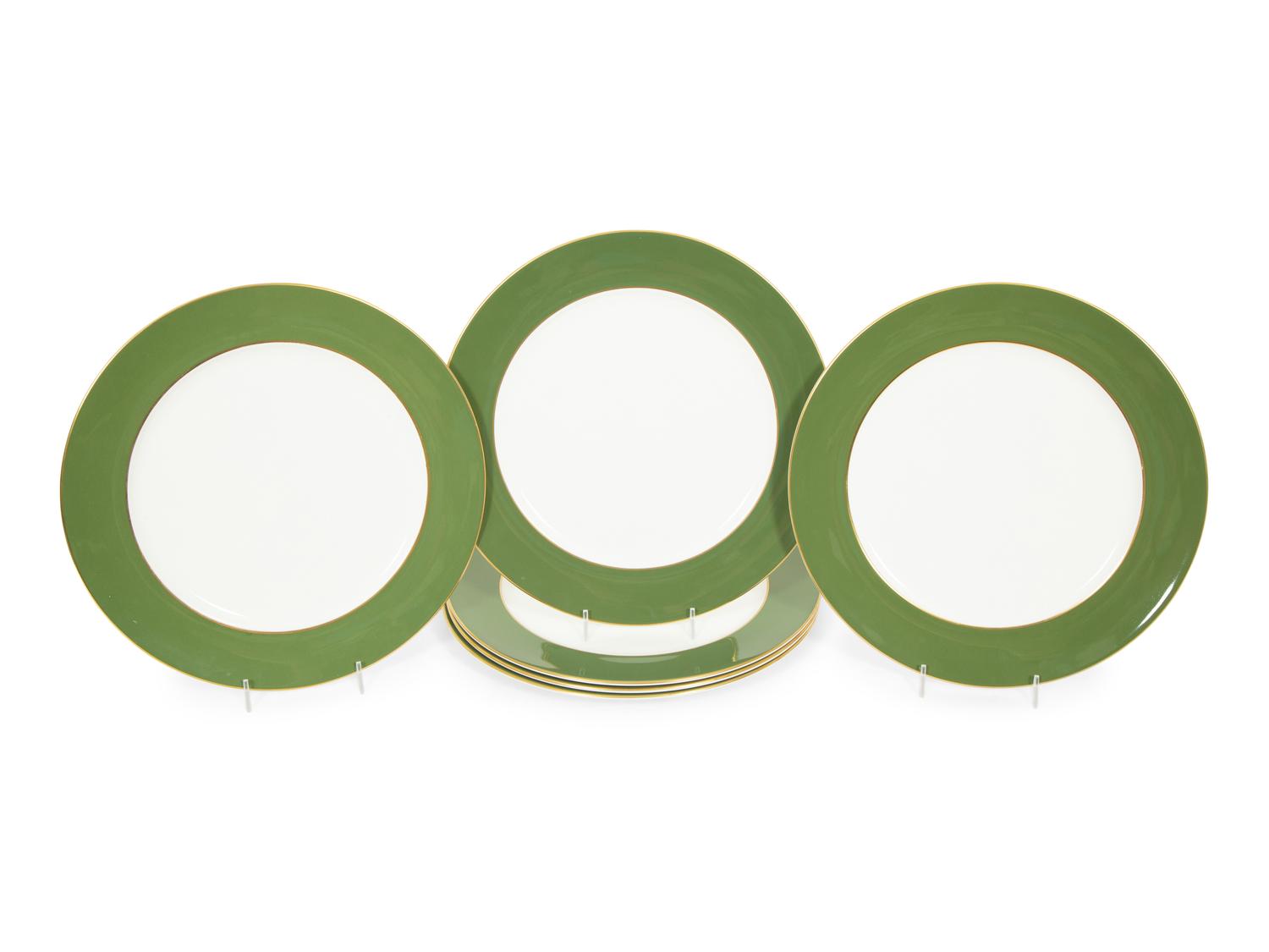 A Set of Fourteen Royal Crown Derby Green Band Chargers